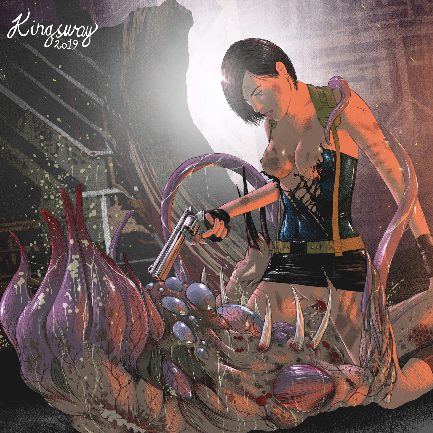 1boy, 1girls, 1monster, 2019, areolae, artist name, biohazard, black skirt, blood, blue eyes, blue topwear, breasts, brown hair, capcom, exposed breasts, female, femdom, gloves, gun, hair, human, jill valentine, kingsway, male, monster, monster on female, nemesis (resident evil), nipples, no bra, no panties, open mouth, penetration, penis, pussy, resident evil, resident evil 3, revolver, ripped clothing, sex, sharp teeth, short hair, straight, tentacle, teratophilia, vaginal penetration, vaginal sex, video games, zombie