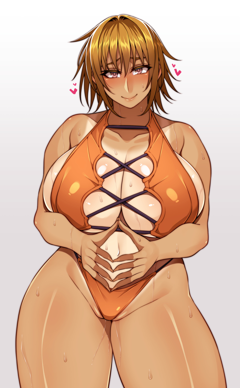 bikini, breasts, curvaceous, curvy body, female, hiyori namikawa, huge breasts, korotsuke, looking at viewer, solo female, sweat, tan lines, tan skin, tan-skinned female, the creepy glasses girl, thick thighs