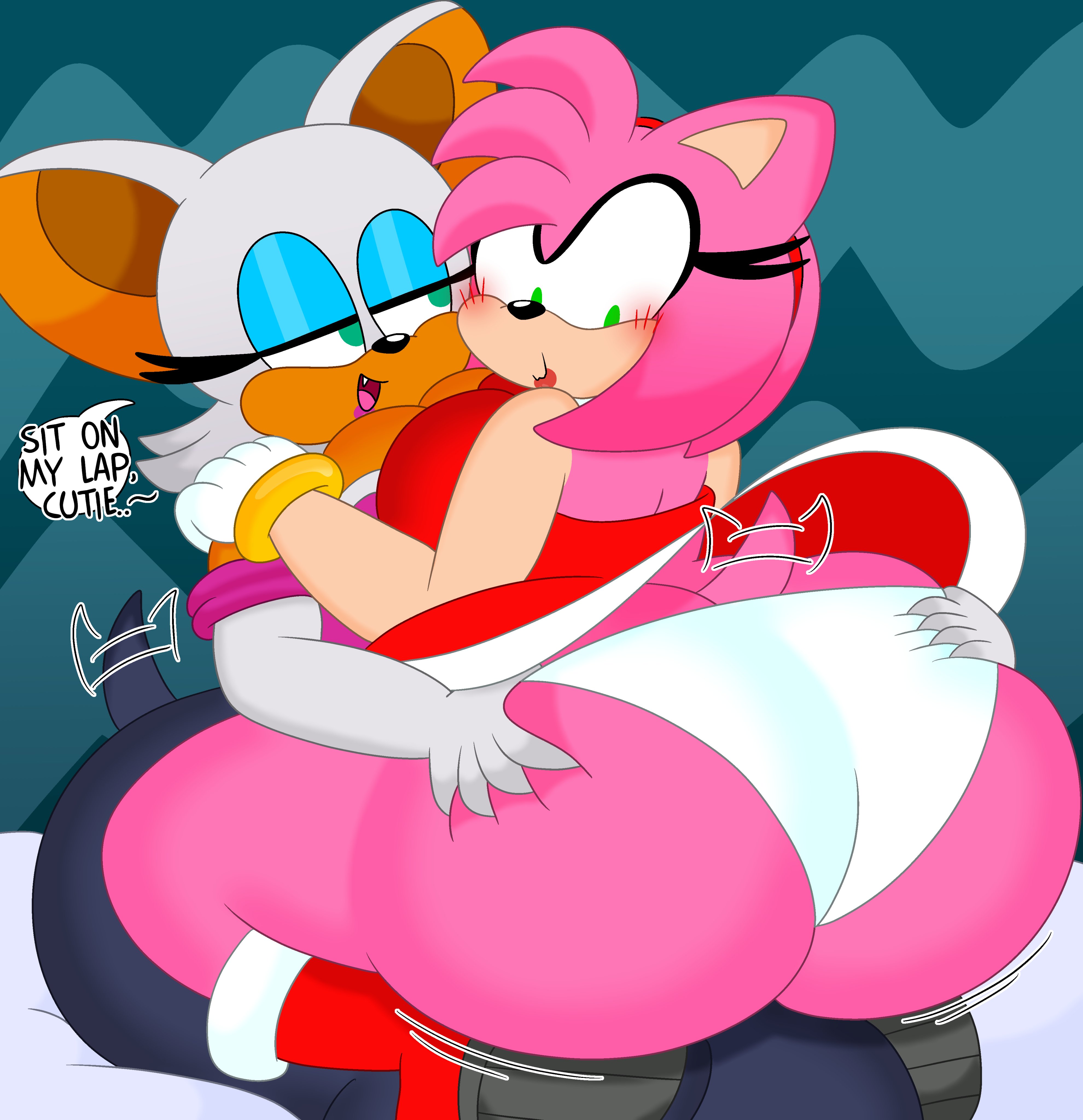 2girls, 3barts, amy rose, anthro, ass, ass cleavage, ass crack, ass grab, bat, big ass, big breasts, bodysuit, breast press, breasts, bubble ass, bubble butt, butt crack, chiropteran, clothing, dialogue, dress, english text, female, female only, hedgehog, huge ass, panties, pink hair, pink skin, rouge the bat, sega, sitting, sitting on lap, sonic (series), text, thick thighs, wide hips, yuri