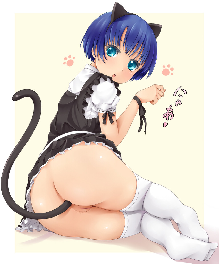 anal anal_object_insertion animal_ears ano_natsu_de_matteru aqua_eyes ass blue_hair bottomless buttplug buttplug_tail cat_ears cat_tail cleft_of_venus clothes_lift commentary_request fake_animal_ears female lambda_(kusowarota) looking_back maid miniskirt no_panties no_shoes nyan object_insertion paw_pose paw_print pussy ribbon sex_toy short_hair simple_background skirt skirt_lift solo tail tanigawa_kanna thighhighs white_background white_thighhighs wrist_ribbon