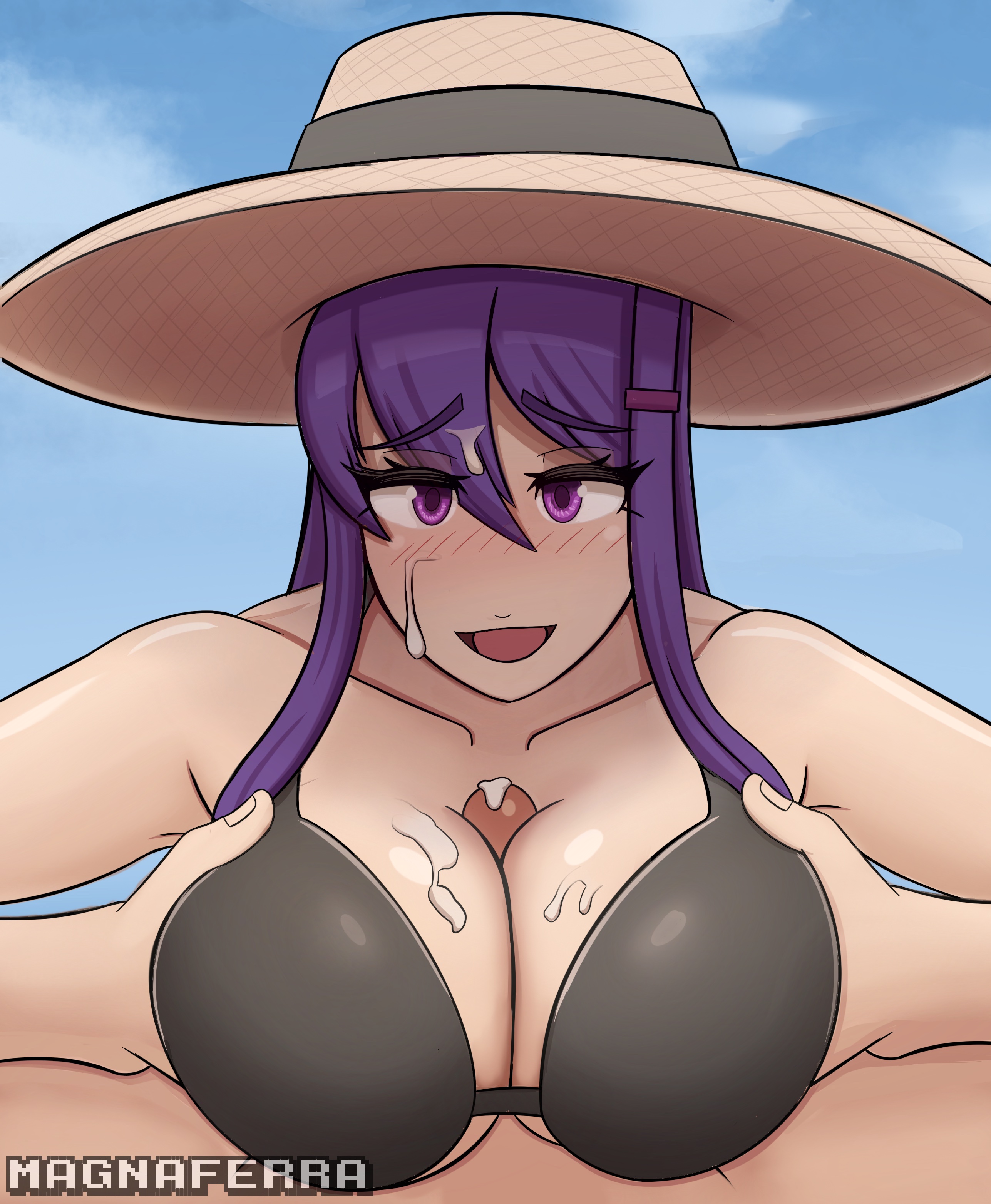 blush, boobjob, breasts, cum, cum on breasts, cum on face, cum on hair, doki doki literature club, female, hat, looking at viewer, magna ferra, male, open mouth, paizuri, penis, penis between breasts, purple eyes, purple hair, smiling, sun hat, swimsuit, titjob, yuri (doki doki literature club)