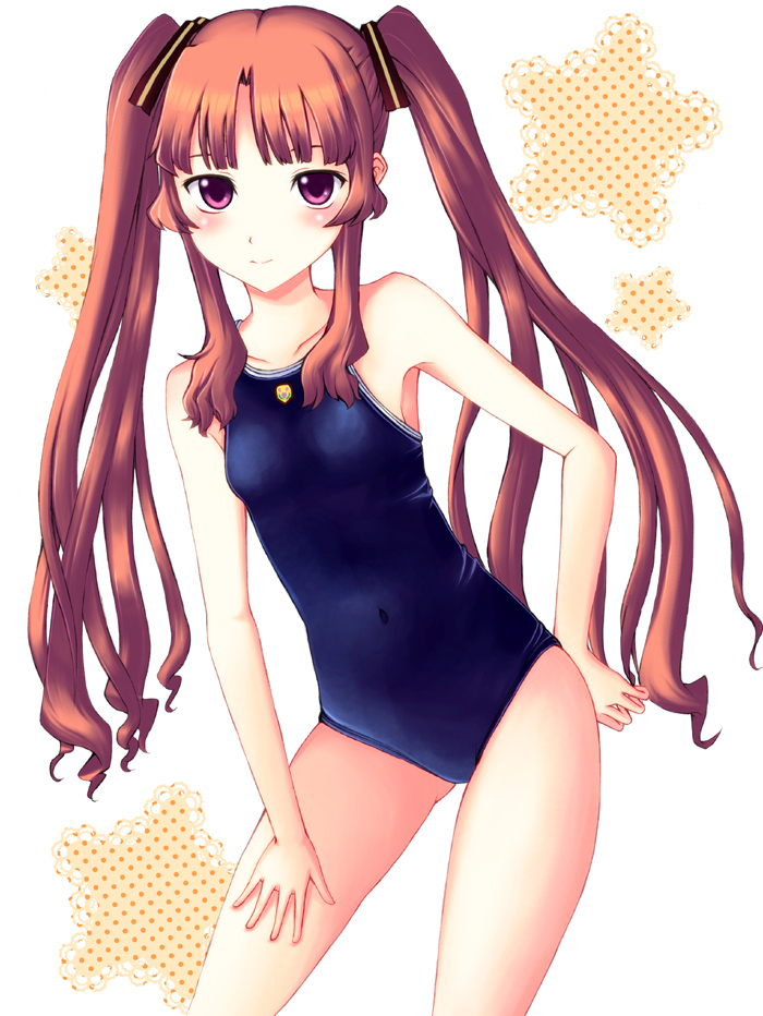 ano_natsu_de_matteru bare_shoulders blush brown_eyes brown_hair commentary_request competition_school_swimsuit covered_navel female flat_chest hand_on_hip hand_on_own_thigh leaning_forward long_hair looking_at_viewer neuron_(exceed) one-piece_swimsuit school_swimsuit solo swimsuit twintails yamano_remon