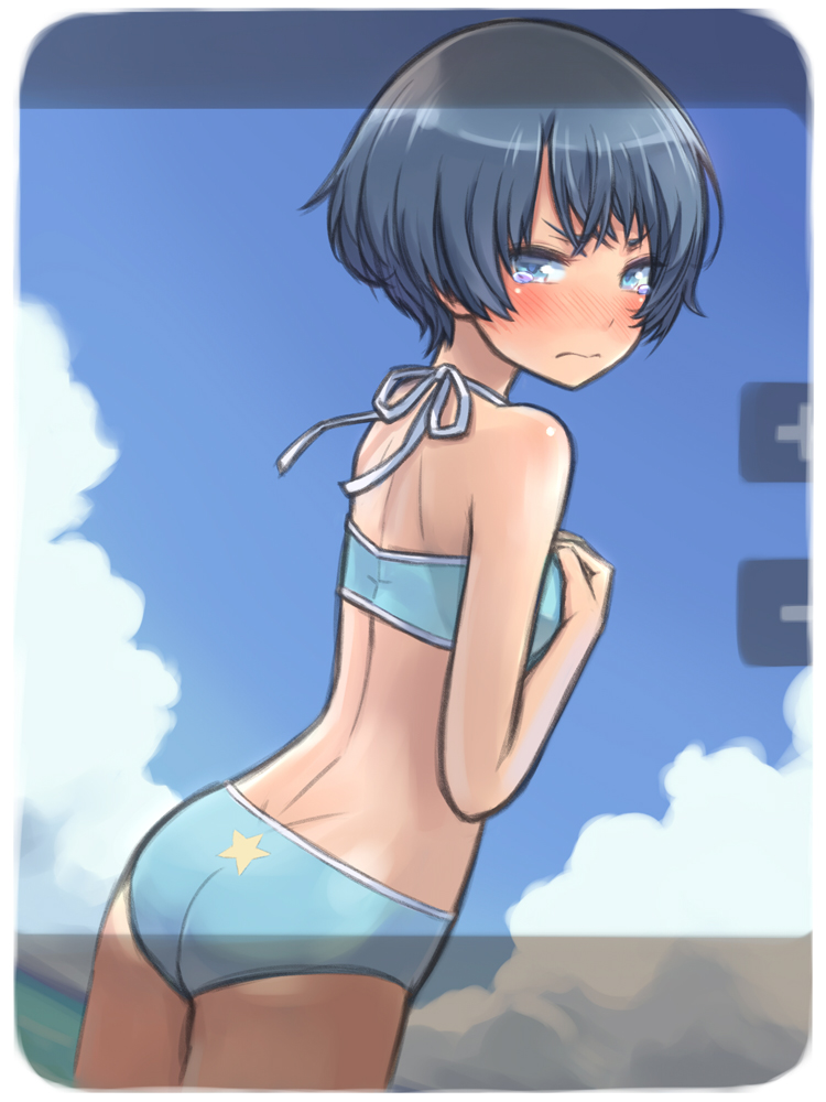 ano_natsu_de_matteru bikini blue_eyes blue_hair blush cloud commentary_request day female kuinji_51go ocean short_hair sky solo swimsuit tanigawa_kanna tears