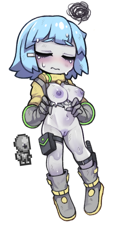 alien bangs blue_hair blunt_bangs boots breasts colored_skin creature_and_personification female full_body gloves gray_grunt grey_footwear grey_gloves grey_skin hair_ornament hairclip knee_boots medium_breasts nipples no_nose nyong_nyong personification pouch short_hair simple_background solo standing terraria thigh_strap white_background