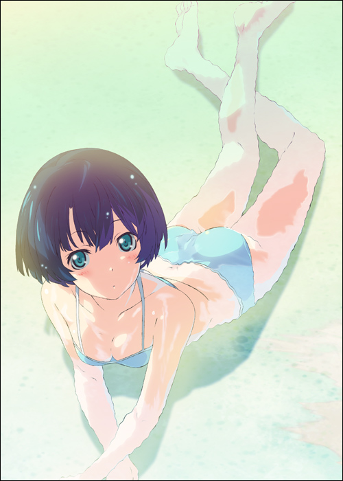 ano_natsu_de_matteru ass bare_legs bare_shoulders barefoot bikini blue_bikini blue_eyes blue_hair blush breasts cleavage collarbone feet female from_above looking_at_viewer looking_up lying medium_breasts mizuki_makoto on_stomach partially_submerged perspective photoshop_(medium) short_hair solo swimsuit tanigawa_kanna toes water