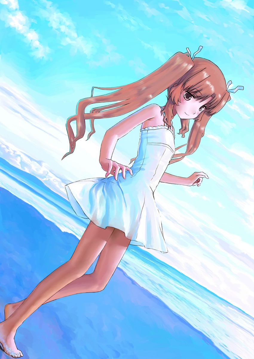 ano_natsu_de_matteru bare_legs bare_shoulders barefoot beach blue_sky brown_eyes brown_hair cloud commentary_request day female flat_chest hair_ribbon hands highres long_hair long_legs mocha_(snowflake) ocean outdoors photoshop_(medium) ribbon see-through skirt sky smile solo twintails water white_skirt yamano_remon