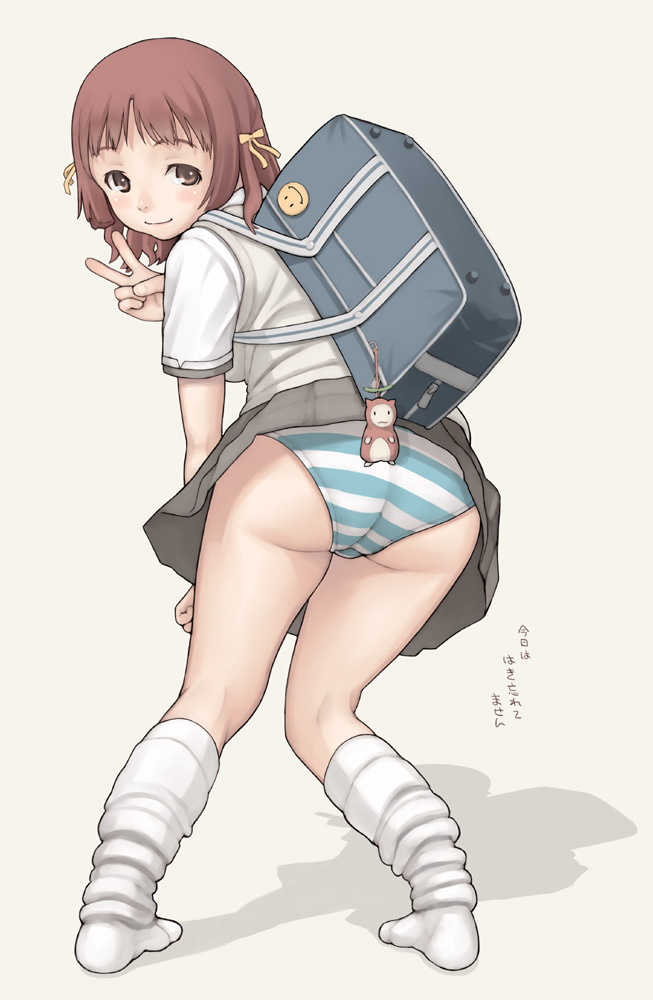 ano_natsu_de_matteru ass backpack bag brown_eyes brown_hair character_doll clothes_lift commentary_request female hair_ribbon kitahara_mio kneehighs looking_back loose_socks neyuki_rei no_shoes panties photoshop_(medium) ribbon rinon_(ano_natsu_de_matteru) school_bag shadow shimapan shirt short_hair skirt skirt_lift smile smiley_face socks solo striped striped_panties underwear v vest white_background white_legwear