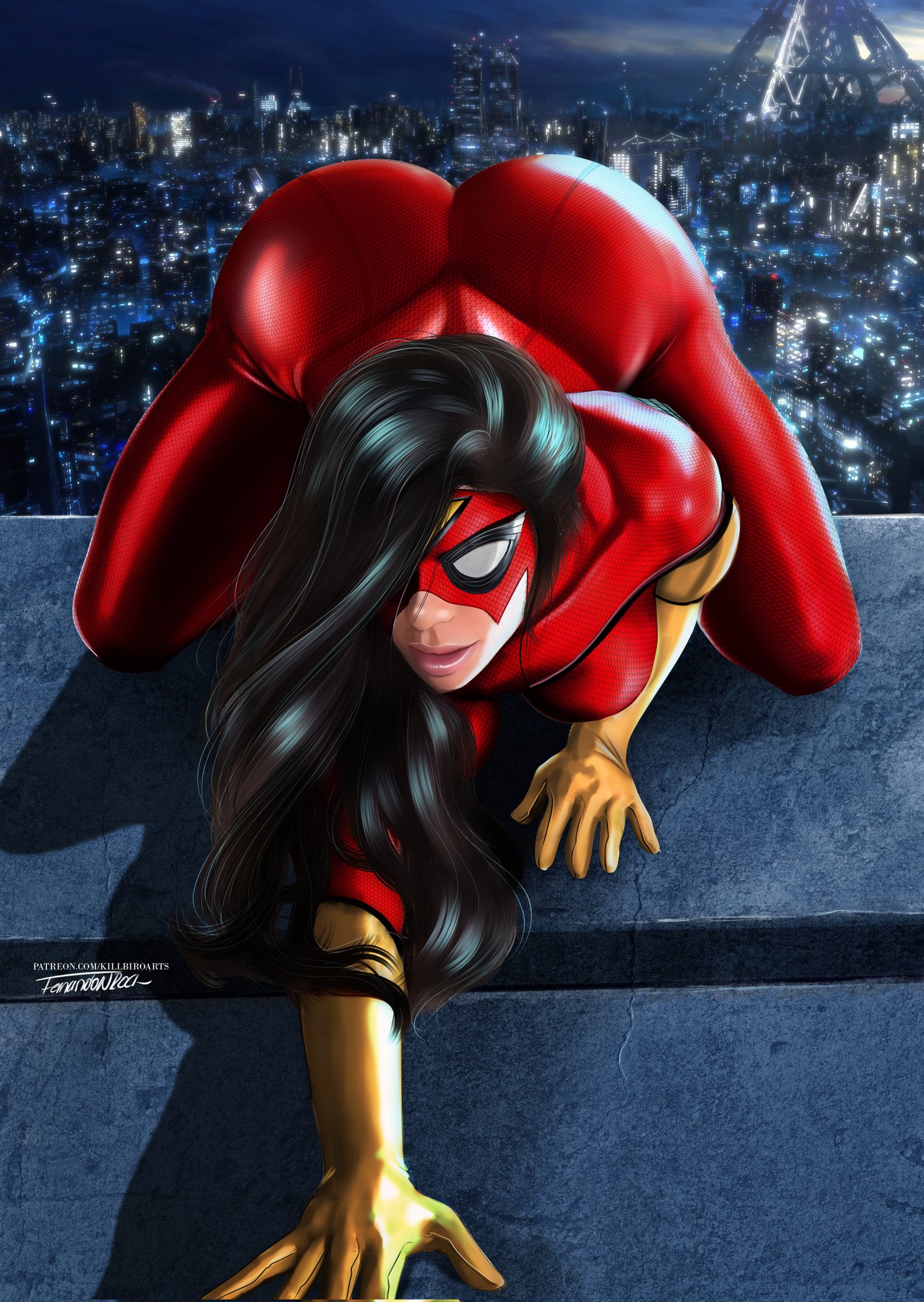 1girls, 2023, 2d, 2d (artwork), all fours, artist name, artist signature, ass, ass up, big ass, black hair, bubble butt, city, cityscape, clothed, clothed female, dawn, facing viewer, female, female only, fully clothed, hero costume, human, human only, jessica drew, killbiro, long gloves, long hair, marvel, marvel comics, mask, night, on all fours, parody, questionable, skyline, solo, solo female, spider-man (series), spider-woman, spider-woman by milo manara, superheroine, thick, urban