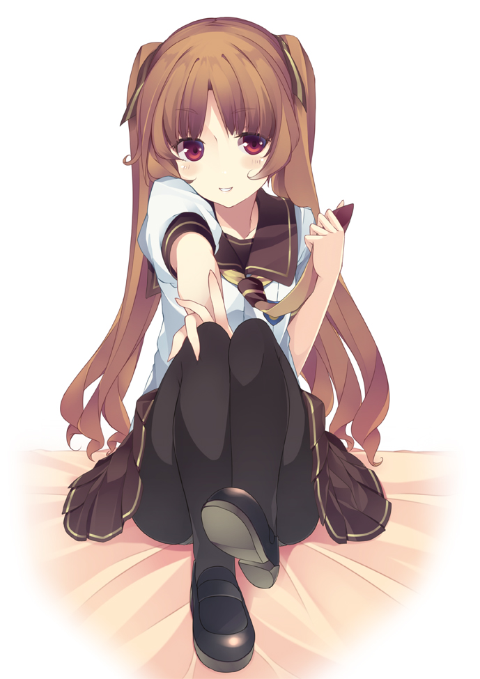 ano_natsu_de_matteru black_pantyhose brown_hair commentary_request female itsui_(dihydrogenmonoxid) loafers long_hair looking_at_viewer necktie panties panties_under_pantyhose pantyhose photoshop_(medium) red_eyes school_uniform shoes skirt smile solo underwear upskirt yamano_remon