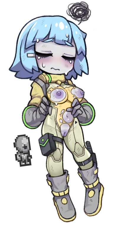 alien bangs blue_hair blunt_bangs boots breasts colored_skin creature_and_personification female full_body gloves gray_grunt grey_footwear grey_gloves grey_skin hair_ornament hairclip knee_boots medium_breasts nipples no_nose nyong_nyong personification pouch short_hair simple_background solo standing terraria thigh_strap white_background