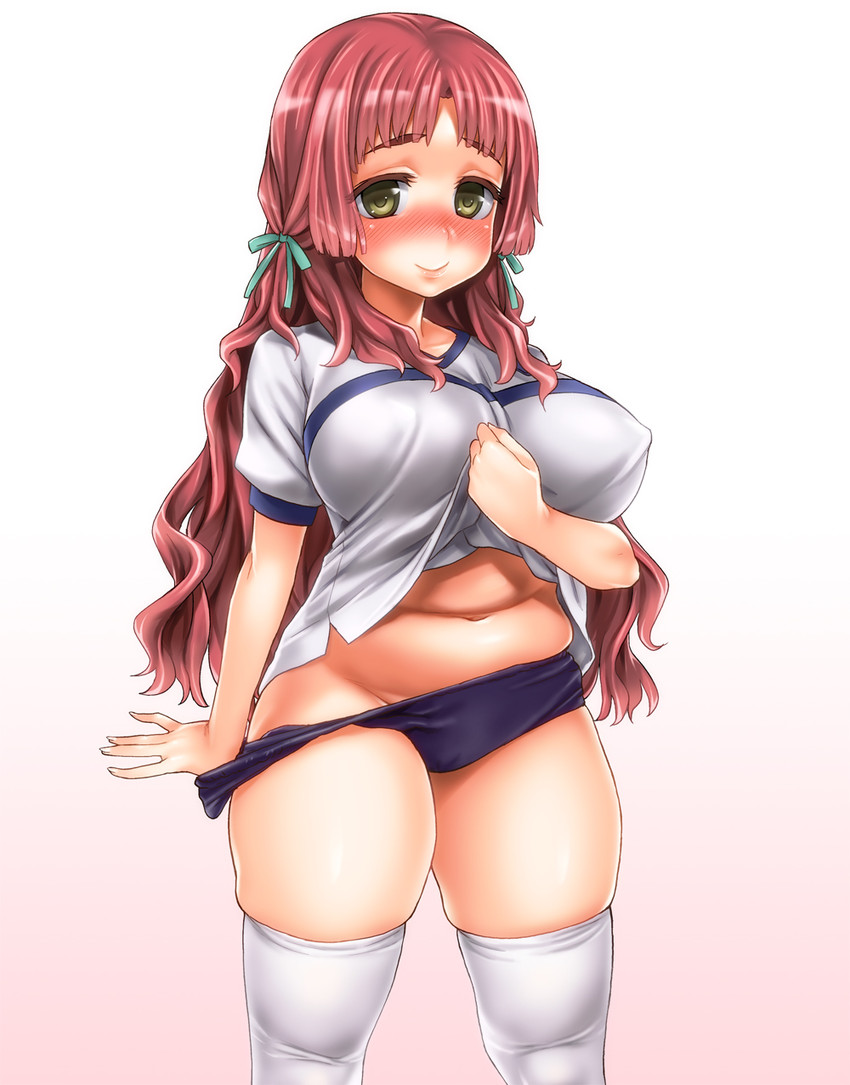 ano_natsu_de_matteru asanagi belly blush breasts buruma buruma_pull commentary_request covered_nipples female green_eyes groin gym_uniform hair_ribbon highres kitahara_mio large_breasts long_hair navel plump pulled_by_self red_hair ribbon skindentation smile solo thick_thighs thighhighs thighs white_thighhighs