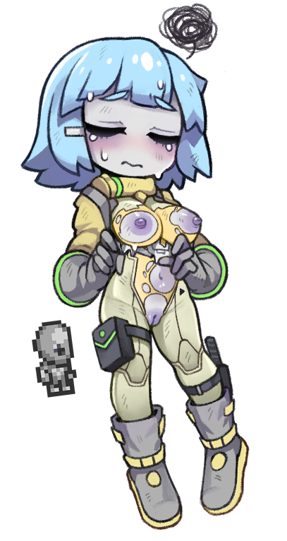 alien bangs blue_hair blunt_bangs boots breasts colored_skin creature_and_personification female full_body gloves gray_grunt grey_footwear grey_gloves grey_skin hair_ornament hairclip knee_boots medium_breasts nipples no_nose nyong_nyong personification pouch short_hair simple_background solo standing terraria thigh_strap white_background