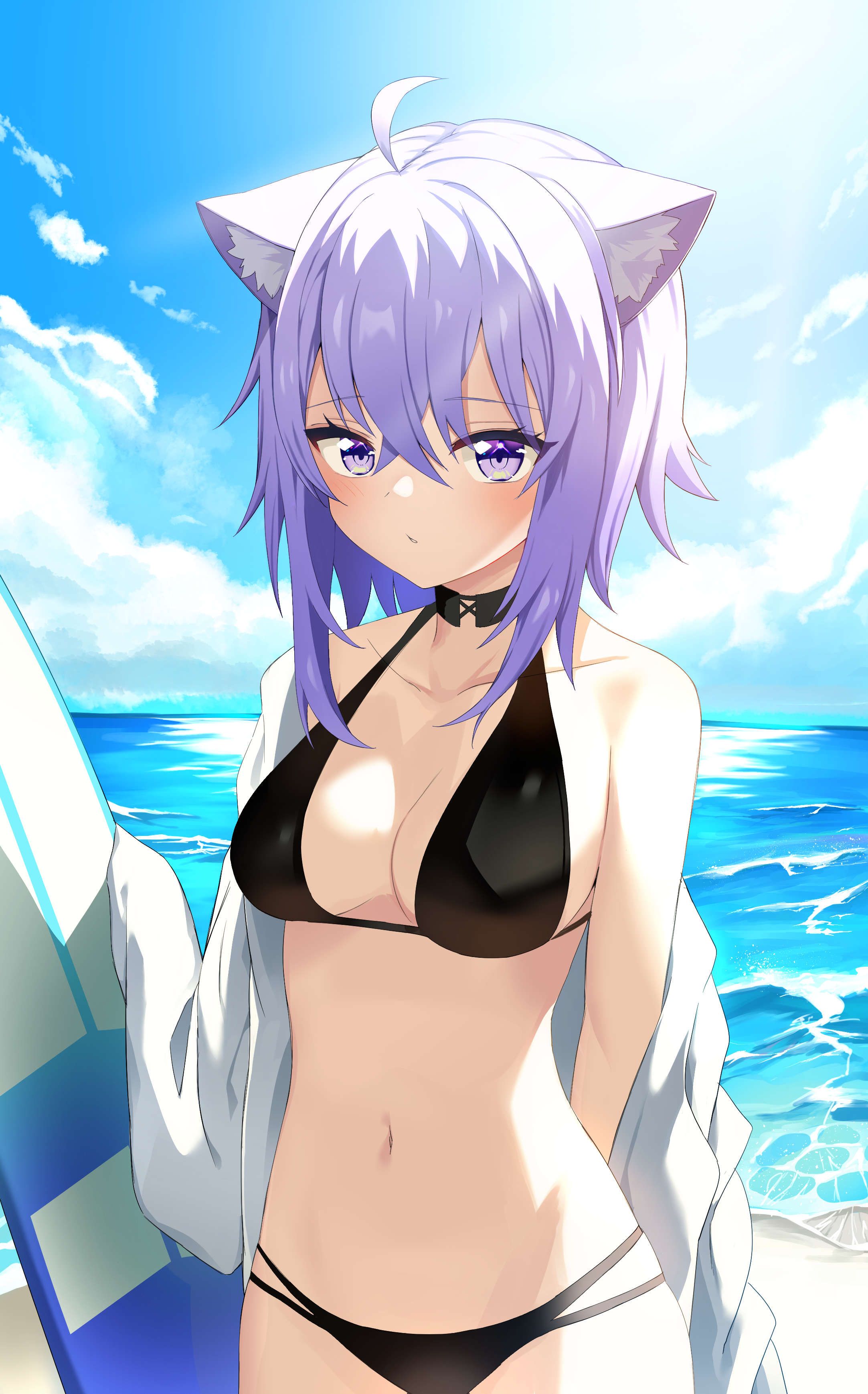 1girls, ahoge, animal ear fluff, animal ears, artist request, bangs, bare shoulders, beach, belly, belly button, bikini, black bikini, black bikini bottom, black bikini top, blush, breasts, cat ears, cat girl, catgirl, choker, cleavage, cloud, collar, cowboy shot, cute, day, daytime, female, female focus, female only, halterneck, hololive, hololive gamers, hololive japan, looking at viewer, medium breasts, midriff, navel, nekomata okayu, ocean, outdoors, outside, purple eyes, purple hair, sand, short hair, sidelocks, sky, solo, solo female, solo focus, standing, stomach, surfboard, swimsuit, swimwear, towel, virtual youtuber, water, white towel