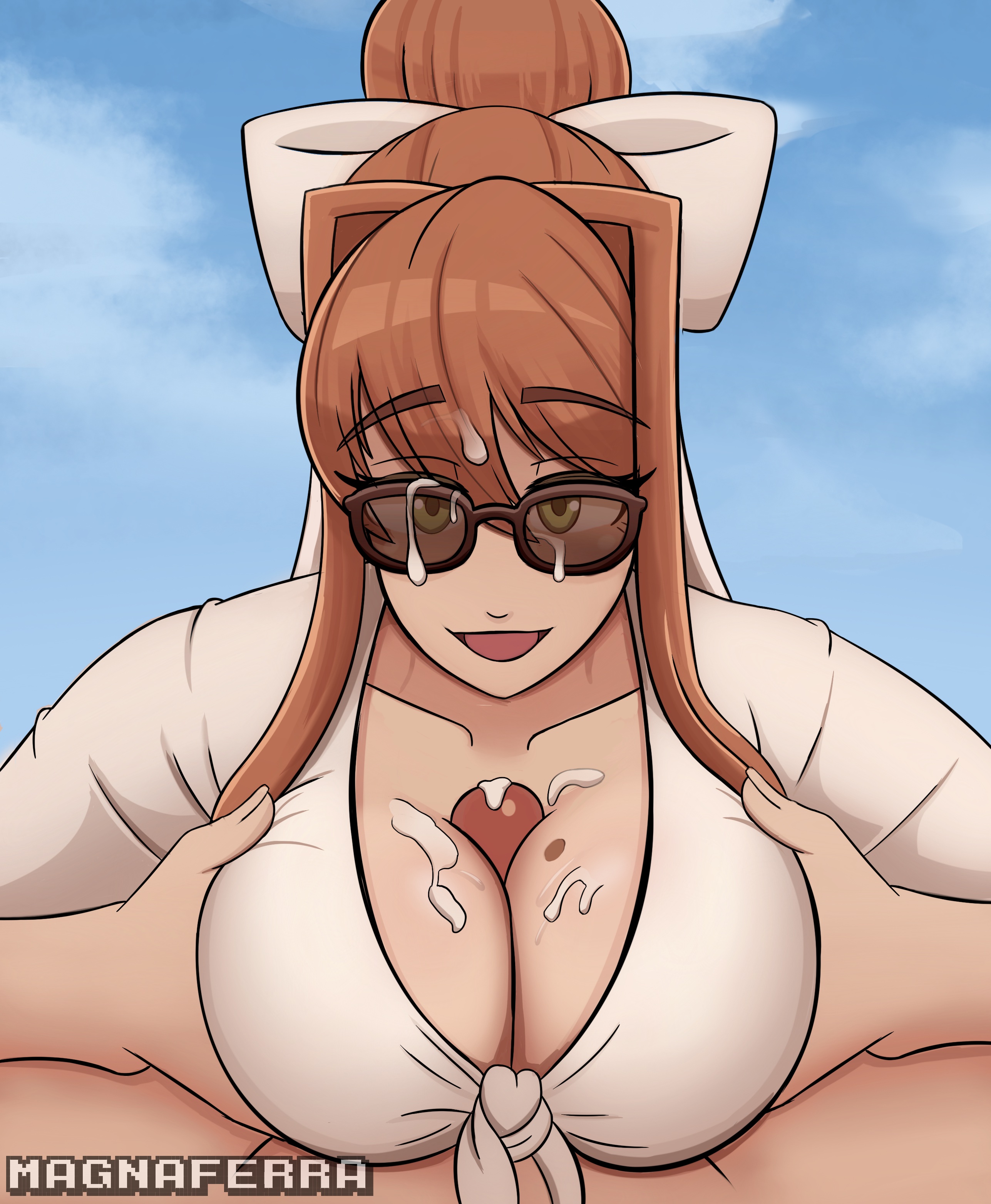 1girls, black glasses, blush, boobjob, bow, breasts, brown hair, brown-tinted eyewear, clothes, cum, cum on breasts, cum on eyewear, cum on face, cum on glasses, cumming, doki doki literature club, female, flustered, glasses, green eyes, holding breasts, looking at viewer, magna ferra, male, mole, mole on breast, monika (doki doki literature club), open mouth, paizuri, penis, penis between breasts, ponytail, shirt, sunglasses, tinted eyewear, titjob, white bow, white shirt