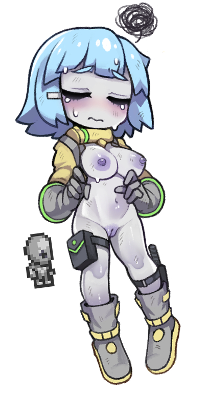 alien bangs blue_hair blunt_bangs boots breasts colored_skin creature_and_personification female full_body gloves gray_grunt grey_footwear grey_gloves grey_skin hair_ornament hairclip knee_boots medium_breasts nipples no_nose nyong_nyong personification pouch short_hair simple_background solo standing terraria thigh_strap white_background