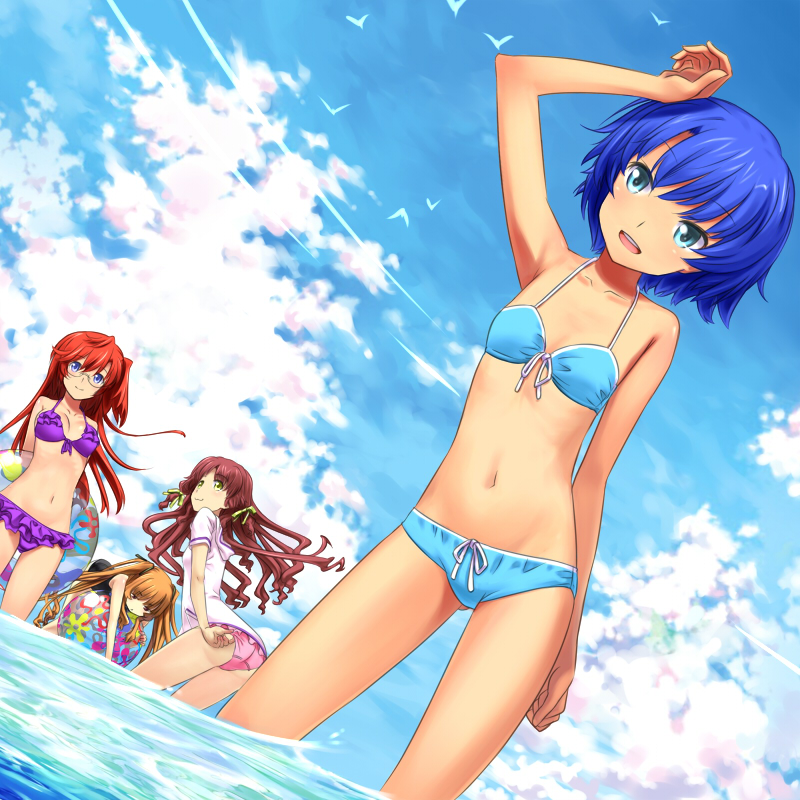 4girls :3 :d adjusting_clothes adjusting_swimsuit ano_natsu_de_matteru aqua_eyes arm_up armpits arms_behind_back ass ball bare_shoulders beachball bent_over bikini bird blue_bikini blue_eyes blue_hair blue_sky breasts brown_hair buntan cleavage cloud collarbone commentary_request day flat_chest frilled_bikini frills front-tie_top glasses groin hair_ribbon hood hooded_jacket hoodie innertube jacket kitahara_mio leaning_forward long_hair looking_back medium_breasts multiple_girls navel one-piece_swimsuit one_side_up open_mouth outdoors purple_bikini purple_eyes red_hair ribbon short_hair sky smile swimsuit takatsuki_ichika tanigawa_kanna twintails wading water yamano_remon