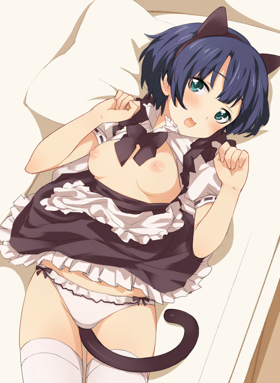 animal_ears ano_natsu_de_matteru between_legs blue_eyes blue_hair blush breasts cat_ears cat_tail clothes_pull commentary_request fake_animal_ears female looking_at_viewer lying maid naughty_face nipples no_bra on_back open_clothes open_mouth panties shirokuma-kun shirt_pull short_hair small_breasts smile solo tail tail_between_legs tanigawa_kanna thighhighs underwear white_thighhighs