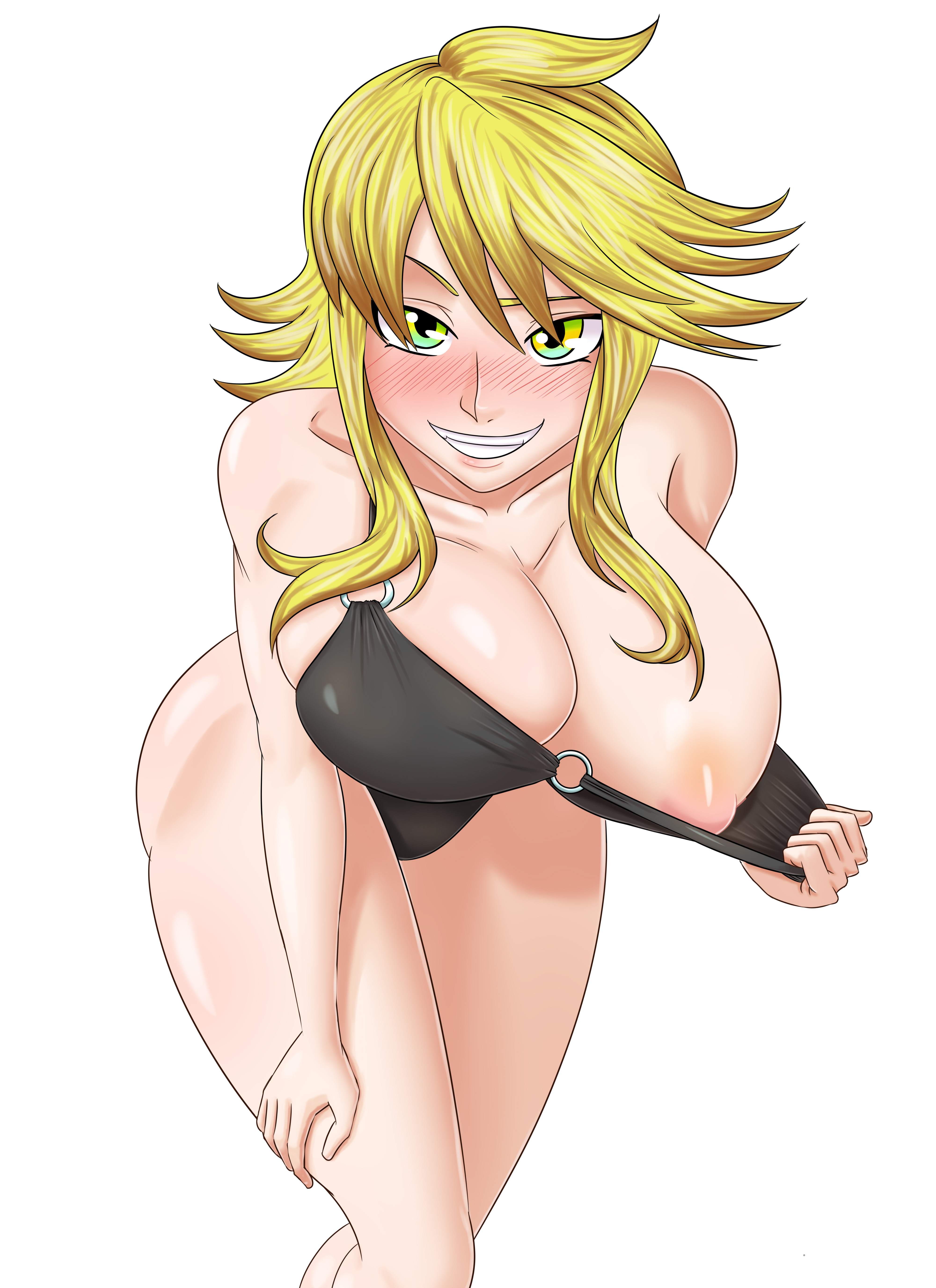 1girls, adult, akame ga kill!, areola, bent over, bikini, black bikini, blonde female, blonde hair, breasts, cleavage, clothing aside, female, female focus, flashing, flashing breasts, front view, grin, karuro-kun, large breasts, leone (akame ga kill!), long hair, nipples, one-piece swimsuit, pink nipple, presenting, standing, teasing, teasing viewer, teeth, thick thighs