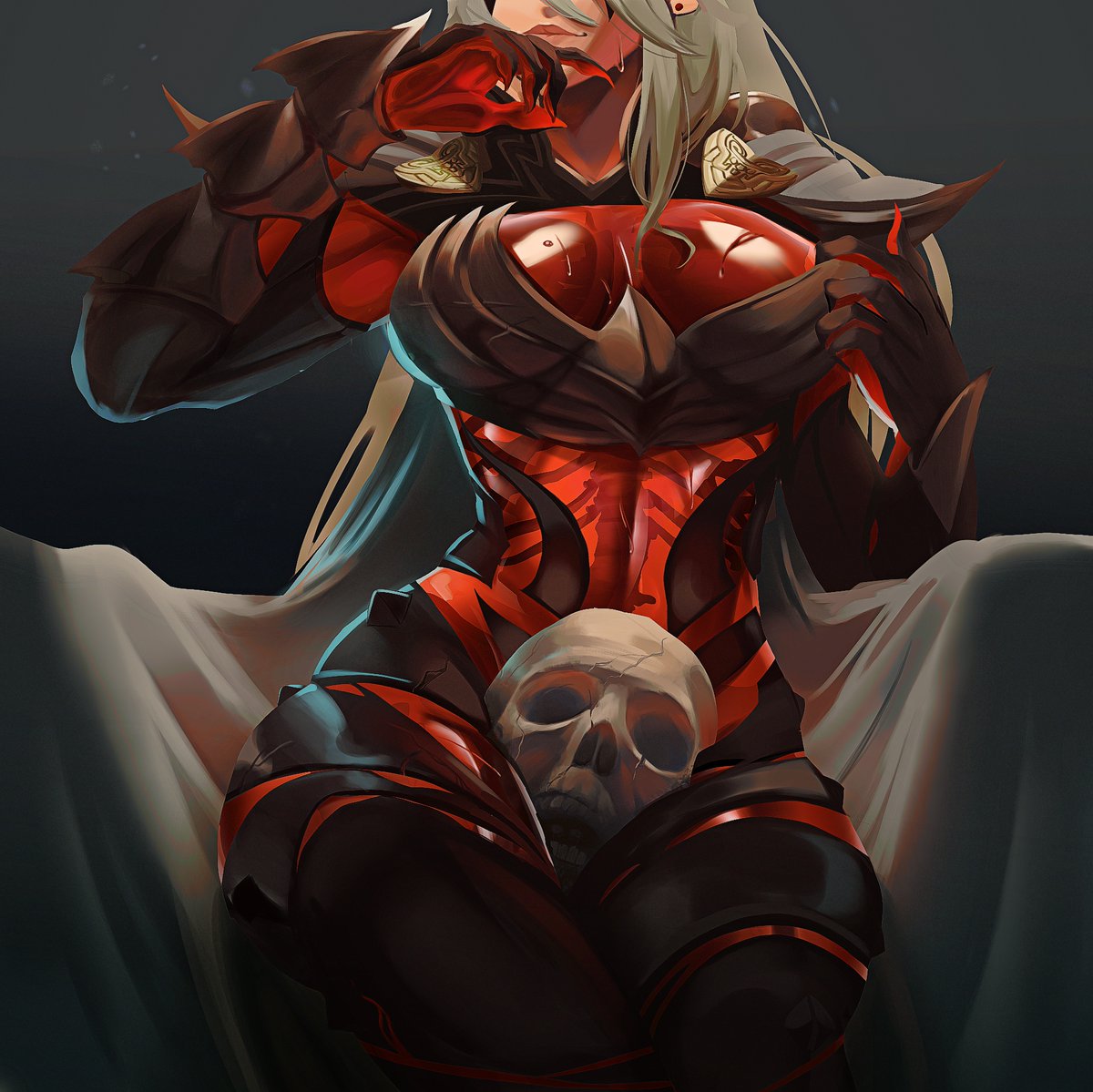 1girls armor bone breastplate breasts chair claws cleavage crossed_legs earrings female female_only fire_emblem fire_emblem_heroes grey_hair hand_to_own_mouth head_between_thighs large_breasts leg_lock long_hair mask mon_eree nintendo scissorhold simple_background sitting skeleton skelly_jelly skull smile smirk smug solo sweat thick_thighs thighs thrasir_(fire_emblem) throne translucent_skin veronica_(fire_emblem)