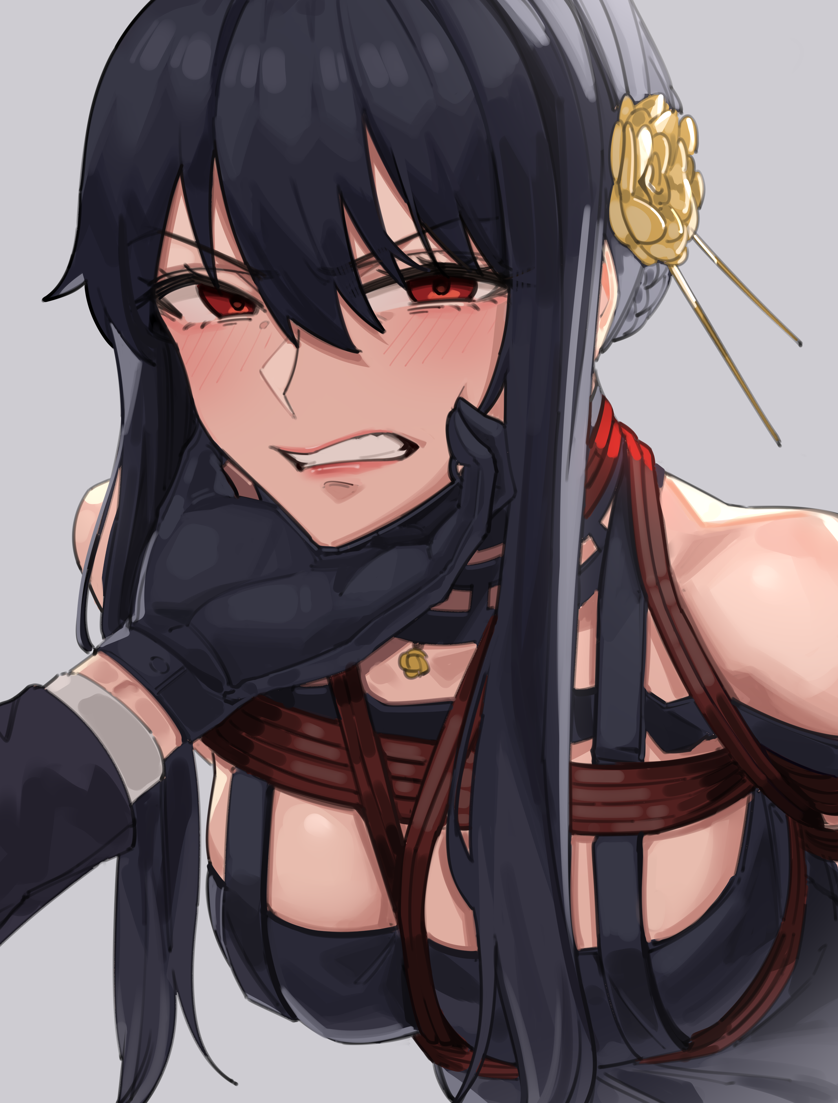 1girls, ambiguous consent, angry, assassin, black hair, bondage, bound, breasts, captured, captured heroine, cleavage, dress, dubious consent, embarrassed, face grab, female, female human, femsub, gloves, hair ornament, hairpin, hand on face, hand on head, harris hero, hi res, human, light skin, light-skinned female, long hair, looking at viewer, mature female, pale skin, pale-skinned female, red eyes, restrained, rope, rope bondage, spy x family, teeth, teeth clenched, thorn princess, tied, tied up, variant, variant set, yor briar, yor forger