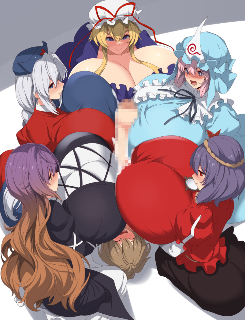 1boy 5girls big_penis breasts censored clothed_female_nude_male clothed_paizuri cooperative_paizuri eirin_yagokoro female fffffm_sixsome gigantic_breasts gigantic_penis hijiri_byakuren huge_breasts huge_cock kanako_yasaka kloah large_breasts large_penis light-skinned_female light-skinned_male light_skin male male/female mosaic_censoring multiple_girls paizuri paizuri_over_clothes penis sixsome titjob touhou yukari_yakumo yuyuko_saigyouji