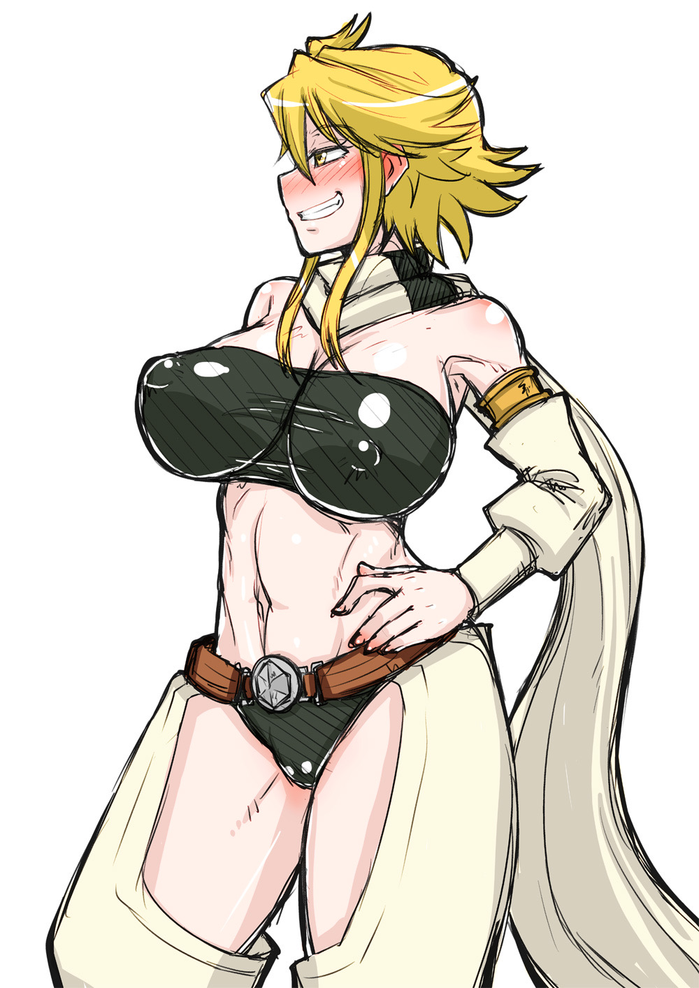 1girls, 2022, 2d, 2d (artwork), akame ga kill!, assassin, athletic, athletic female, belly, belly button, belt, blonde hair, blush, breasts, erect nipples, erect nipples under clothes, female, female focus, female only, grin, grinning, hand on hip, human, human only, large breasts, leone (akame ga kill!), long hair, looking away, looking to the side, medium hair, nipples, no sex, open clothes, plain background, questionable, scarf, shorts, simple background, smile, solo, solo female, standing, stomach, syonnaka, teeth, thighs, toned, toned female, white background, yellow eyes