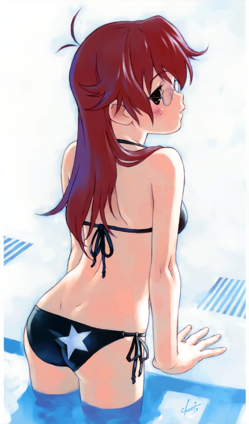 absurdres ano_natsu_de_matteru arm_support ass back bare_shoulders bikini black_bikini dimples_of_venus drain_(object) female from_behind glasses highres long_hair looking_back photoshop_(medium) pool poolside profile red_eyes red_hair side-tie_bikini solo standing star_(symbol) star_print swimsuit takatsuki_ichika tanaka_kunihiko wading water