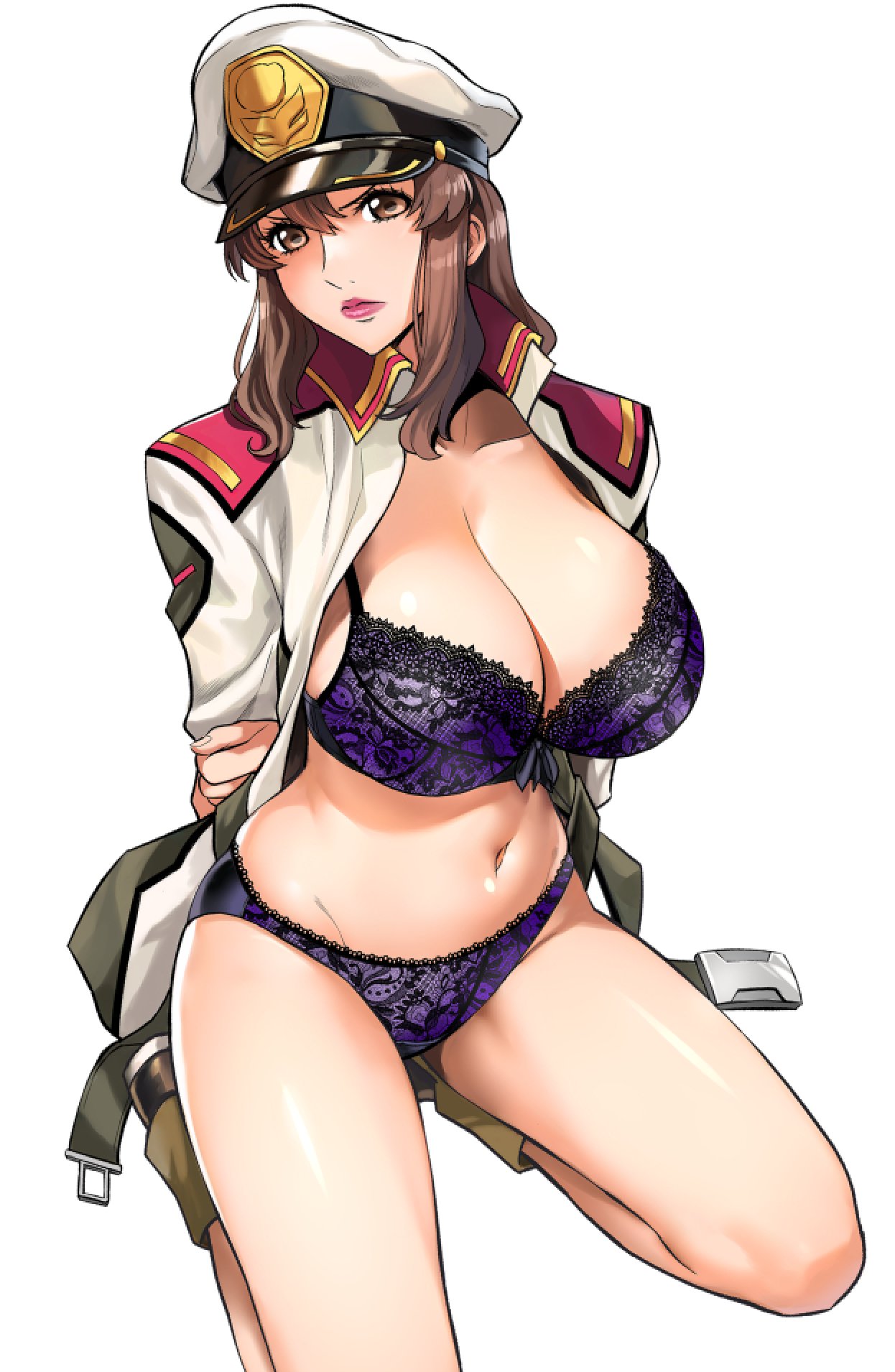 1girls aliasing breasts brown_hair embroidered_bra embroidered_panties gundam gundam_seed hands_on_own_back hat highres itachou kneeling large_breasts lingerie midriff military_hat military_uniform murrue_ramius navel thick_lips underwear