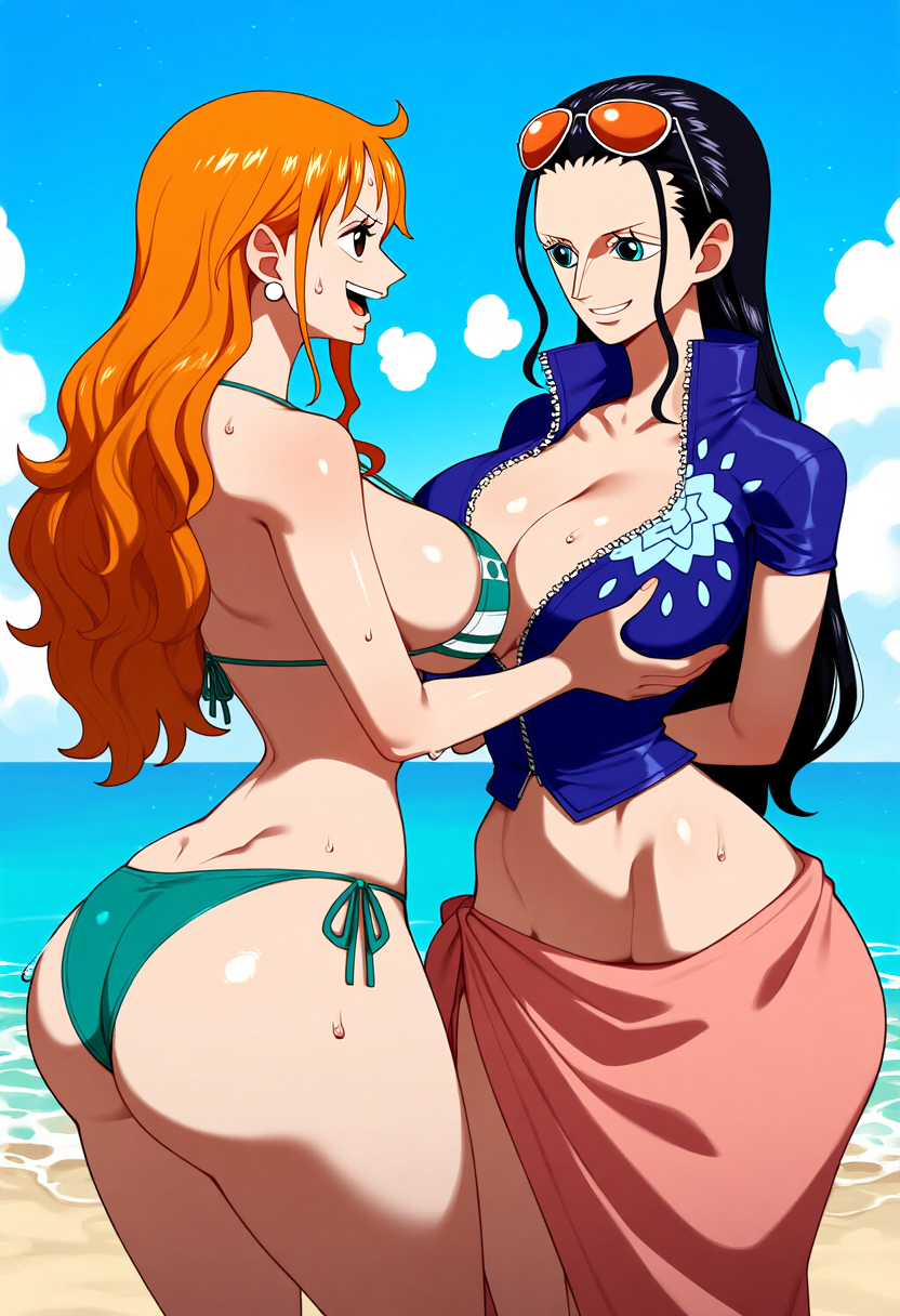 2girls ai_generated beach big_ass big_breasts big_butt bikini blush blushing_female blushing_profusely boob_grab breasts_to_breasts breasts_touching breath bubble_ass bubble_butt cleavage deep_cleavage dripping duo duo_female female female_only grabbing_another's_breast hand_on_another's_chest huge_ass huge_breasts large_breasts massive_breasts nami narrow_waist nico_robin one_piece open_mouth posing posing_for_the_viewer self_upload sweatdrop sweating sweaty sweaty_body sweaty_breasts sweaty_butt thick_thighs wide_hips yeetyboi5000 yuri yuri