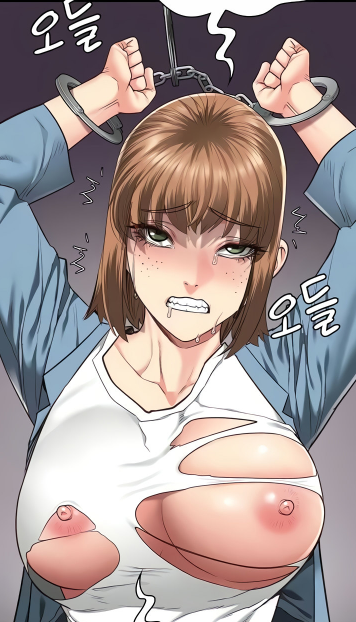 ahe_gao ahegao arms_above_head breasts breasts_out brown_hair crying crying_with_eyes_open cumming forced_fingering forced_orgasm green_eyes handcuffed handcuffs medium_breasts motion_lines open_mouth rape restrained ripped_clothing tagme