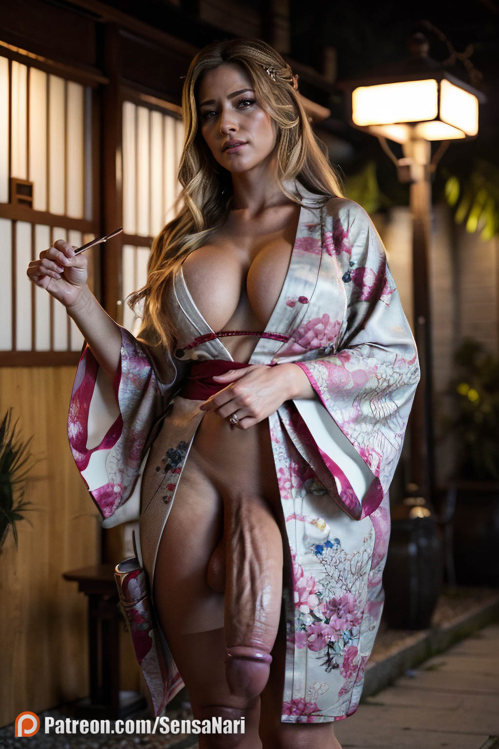 1futa ai_generated blonde_hair breasts detailed dickgirl erection flaccid futanari futanari hi_res highres japanese_clothes kimono large_breasts long_hair penis realistic sensanari solo testicles veins veiny_penis