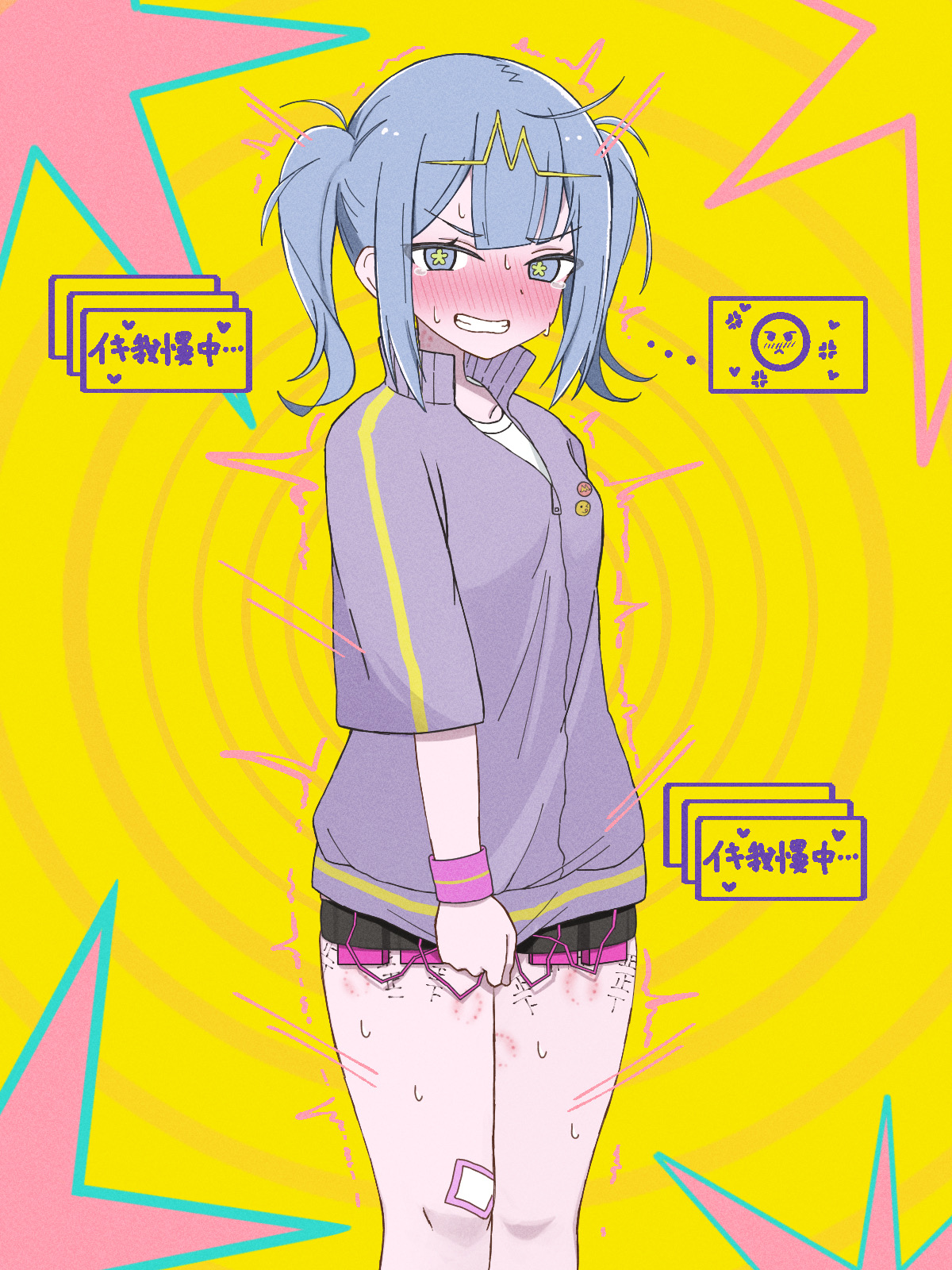 1girl, 1girls, bandaid, bandaid on knee, bangs, bite mark, blue eyes, blue hair, blunt bangs, blush, blush lines, breasts, clenched teeth, controller, dizzy eyes, embarrassed, female, female focus, female only, fully clothed, green eyes, grin, gritted teeth, gym uniform, hatsune miku, jacket, japanese text, light skin, looking at viewer, multiple vibrators, nose blush, pulling shirt down, purple jacket, pussy, remote control, remote control vibrator, sex toy, shirt, short shorts, shorts, sidelocks, smile, solo, standing, star-shaped pupils, sweat, sweatband, sweatdrop, symbol-shaped pupils, tally marks, tearing up, tears, teeth, text, track jacket, tremble spikes, trembling, twintails, vibrator, vibrator cord, vibrator in pussy, vibrator under clothes, vocaloid, wombatvxww2553, wristband, yellow background