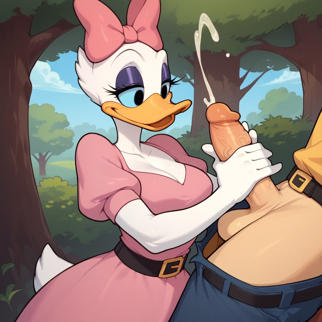 1boy 1girl1boy 1girls 2025 ai_generated anatid anseriform anthro avian balls beak belt big_breasts big_penis bird black_eyes blue_sclera bow breasts civitai cleavage cum cumming cumshot daisy_duck day disney dress duck duo duo_focus ejaculation erection eyelashes eyeshadow faceless_male female female_on_human handjob hi_res holding_penis human human_on_anthro light-skinned_male light_skin male male/female male_on_anthro mammal open_smile outside pants_down park penis pink_dress purple_eyeshadow qneez white_body white_feathers