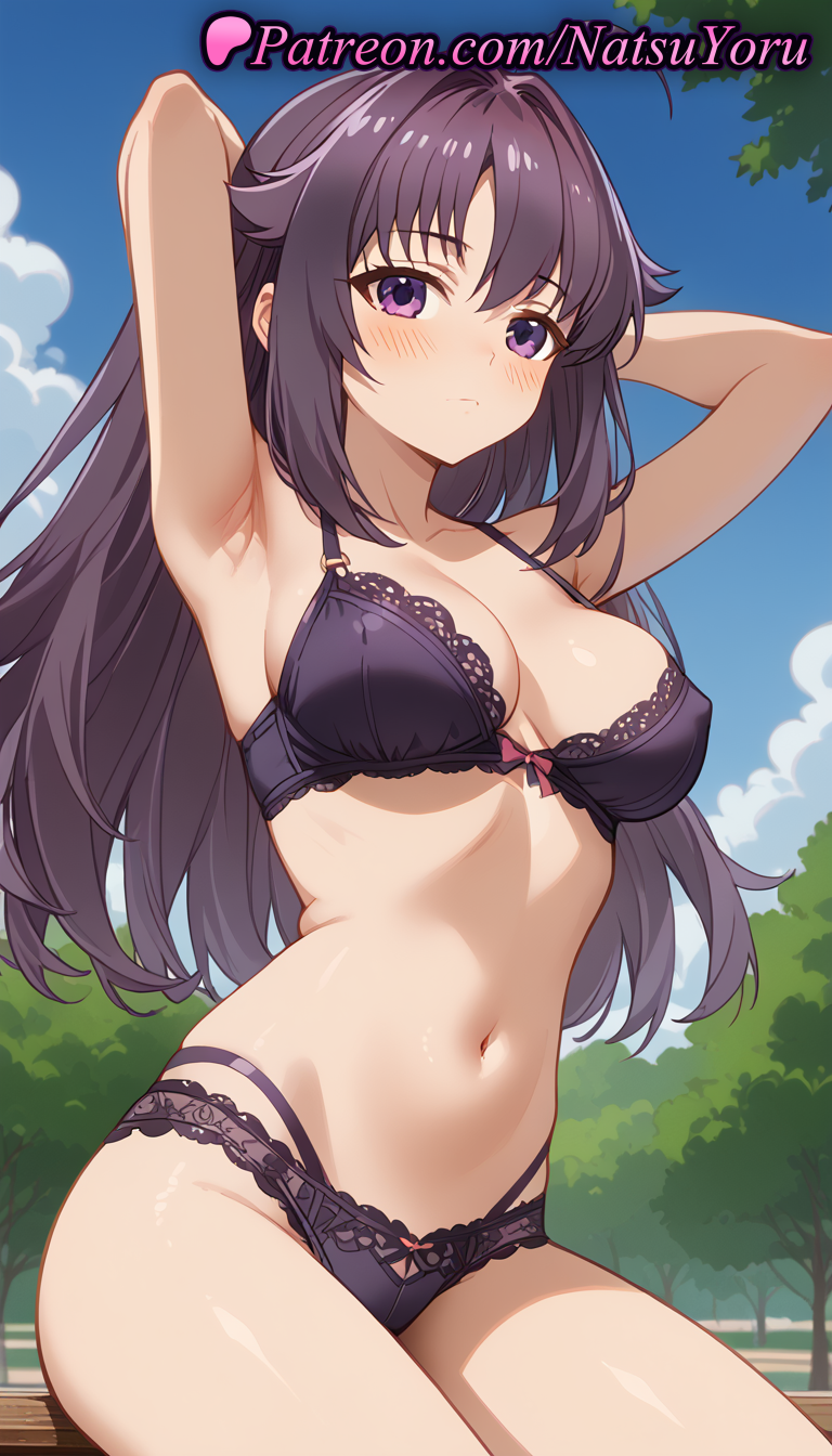 1girls ahoge ai_generated anime anime_style armpit armpits arms_behind_head arms_up asian bangs bare_shoulders bench black_bra black_hair black_panties blue_sky blush bow bow_bra bow_panties bra breasts bust busty cleavage closed_mouth cloud collarbone day female female_focus female_only hair_flaps hentai koshi_anko lace-trimmed_bra lace-trimmed_panties lace_trim large_breasts lingerie long_hair looking_at_viewer medium_breasts multi-strapped_panties my_deer_friend_nokotan natsuyoru navel outdoors panties pantsu purple_bra purple_eyes purple_hair purple_panties sitting sky solo solo_female stomach thighs tree underwear underwear_only voluptuous voluptuous_female