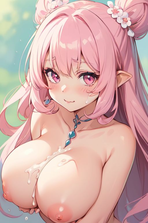 1girls adorable adorable_face adorable_girl anime big_breasts boobs cum cum_lover cum_on_breasts cute cute_face cute_girl earrings elf elf_female elf_girl elf_queen holding_breast looking_at_viewer necklace pink_eyes pink_hair