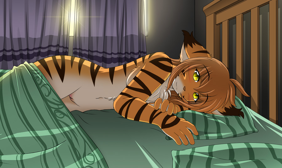 2010 bed blush breasts brown_hair chest_tuft edit feline female flora_(twokinds) furry hair keidran long_hair looking_at_viewer morning nude orange_body orange_fur pov pussy solo stripes sunrise tender tiger tom_fischbach twokinds webcomic white_fur yellow_eyes