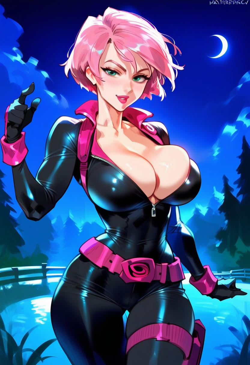 2d ai_generated big_breasts black_bodysuit bodysuit cya cyan_eyes erin_esurance female female_focus female_only narrow_waist night pink_hair short_hair solo solo_female solo_focus tagme