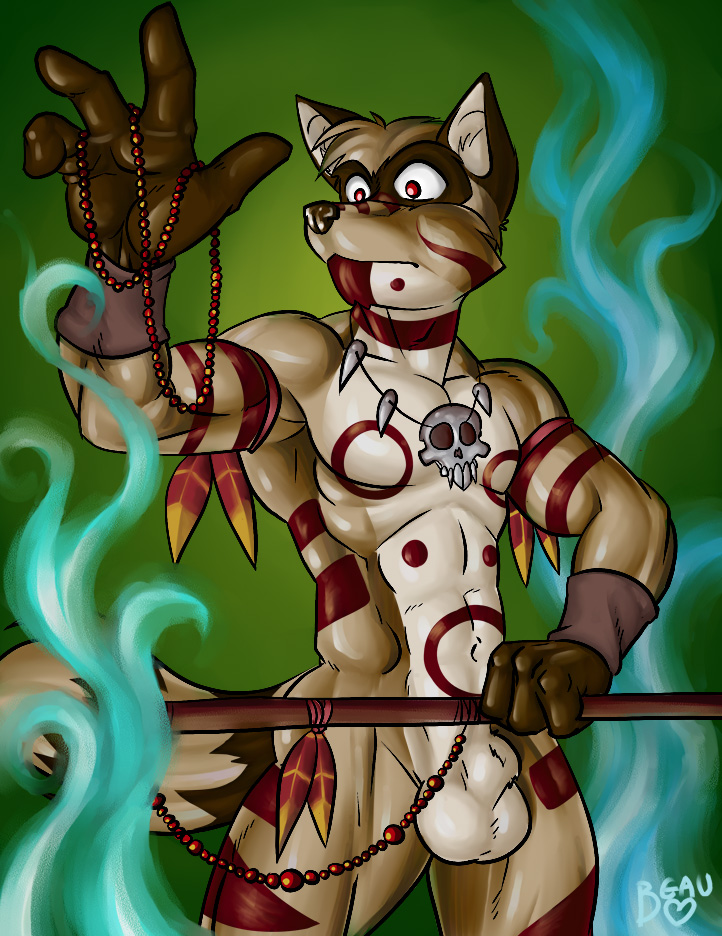 1boy anthro bodypaint furry gauru hybrid lapinbeau magic male male_only muscles necklace nude polearm skull solo staff tribal witch_doctor wolfcoon