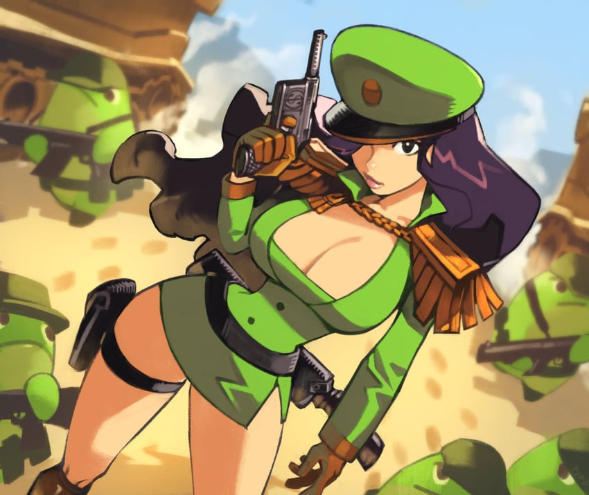 1girls army army_girl army_uniform badge black_hair breasts cleavage female female_focus female_only footprints frog gun handgun hips large_breasts looking_at_viewer military_uniform miniskirt one_eye_obstructed optionaltypo pistol sand skirt susu_jpg swimsuit_succubus tank thighs weapon