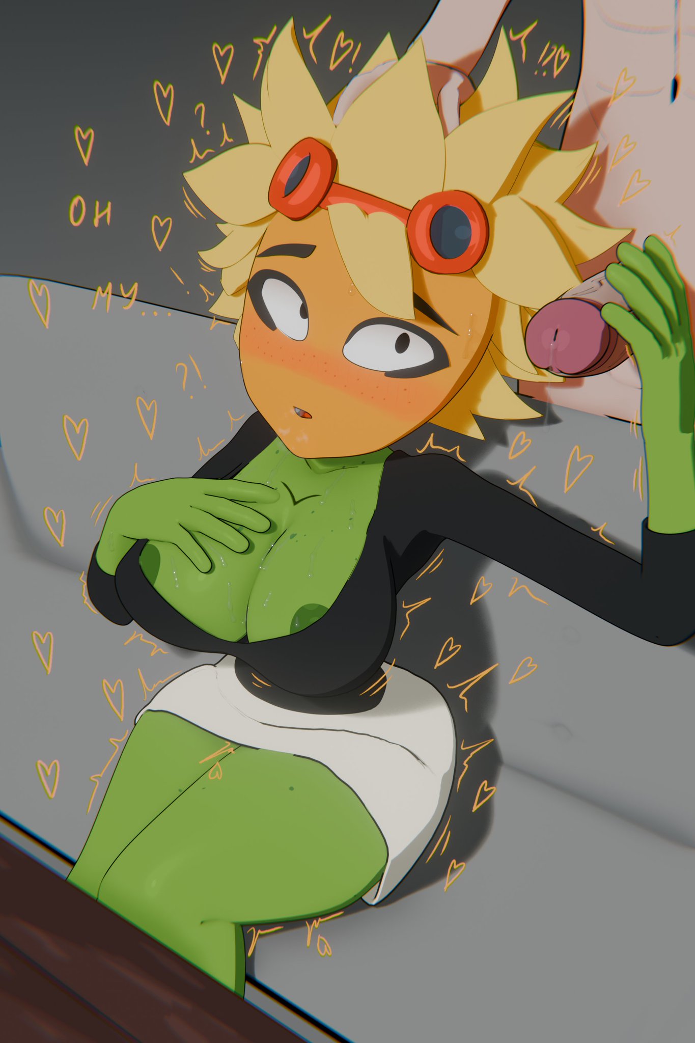 1boy1girl, 3d, 3d (artwork), 3d model, female, milk, nipples visible through clothing, plants vs zombies, precum, shadow2405, shaking, shaking lines, solar flare (pvz), tagme