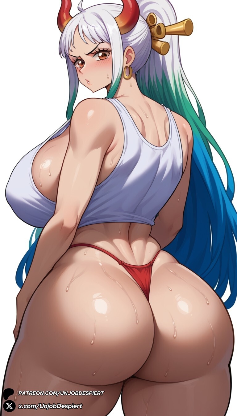 1girls ai_generated ass back bare_shoulders blue_hair blush breasts curled_horns curvy earrings from_behind green_hair hair_ornament hair_stick high_ponytail hoop_earrings horns huge_ass huge_breasts jewelry long_hair looking_at_viewer looking_back multicolored_hair multicolored_horns one_piece oni panties parted_lips ponytail red_horns shiny shiny_skin sideboob simple_background solo sweat thick_thighs thighs thong underwear unjobdespiert very_long_hair web_address white_background white_hair yamato_(one_piece)