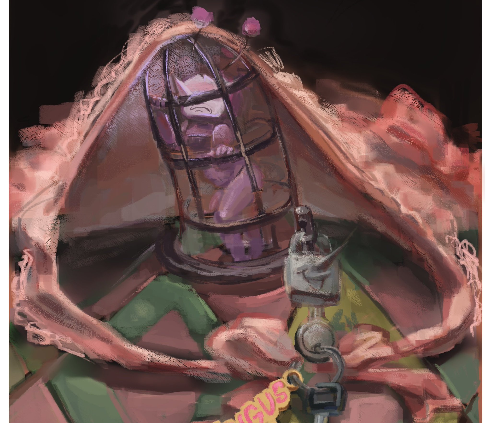 1boy, 2025, antennae, cage, caged, chastity cage, color, colored, deltarune, deltarune chapter 3, digital drawing (artwork), digital media (artwork), hi res, high resolution, highres, key, male, male only, micro, naked, naked male, nude, nude male, pointy nose, shrunk, shrunken male, solo, solo male, stuck, tenna (deltarune), trapped, tv, tv head