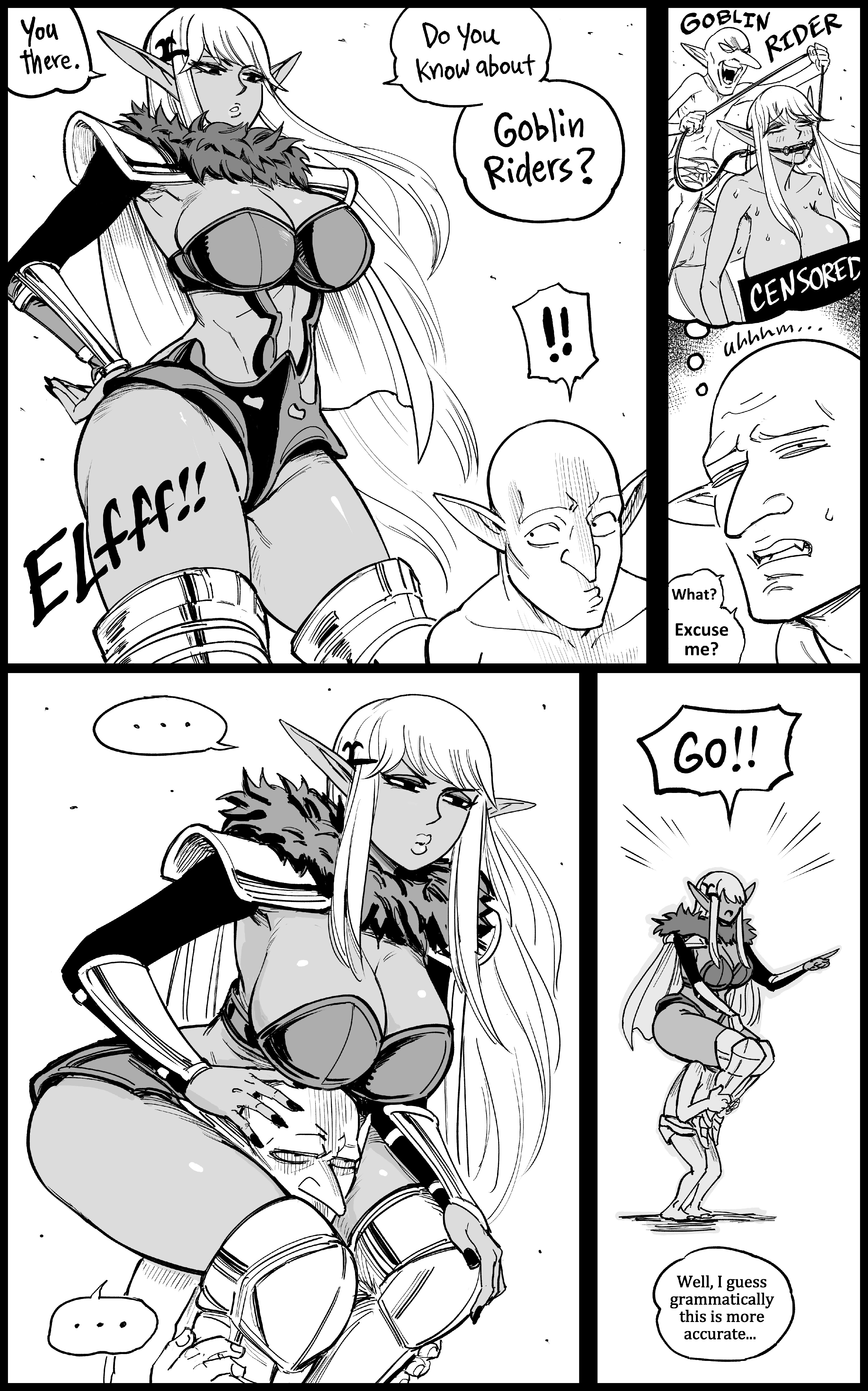 !!, 1boy, 1girls, absurd res, bb (baalbuddy), big breasts, breasts, carrying over shoulder, censored, dark elf, dark skin, dark skinned female, dark-skinned female, dialogue, elf, elf ears, elf female, english text, female, funny, goblin, long hair, male, on shoulders, railanor (unicorn overlord), sexually suggestive, sketch, speech bubble, thick thighs, unicorn overlord, white hair