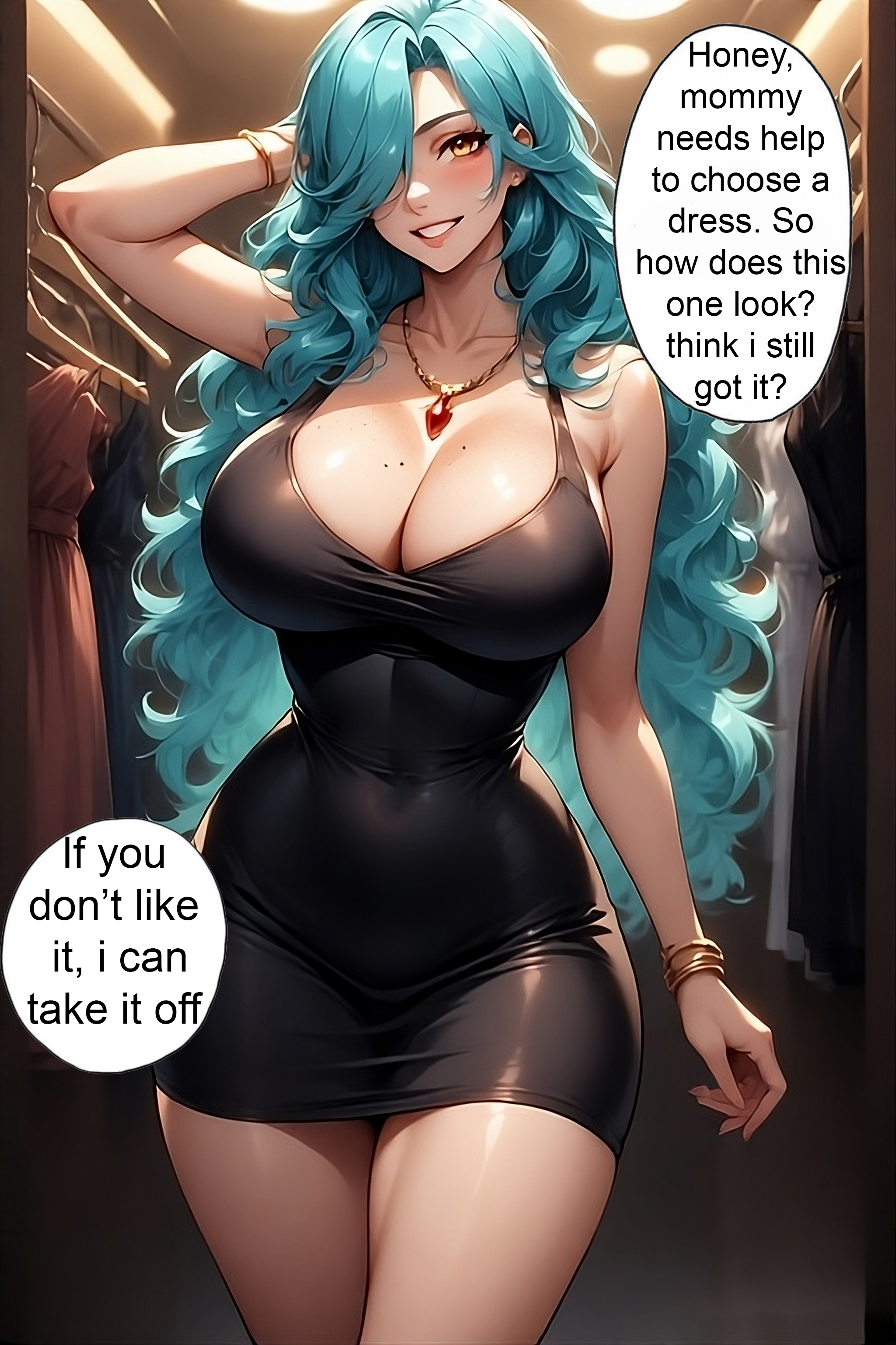 1girls, ai generated, arm behind head, beautiful, big breasts, black clothing, black dress, blush, blushing at viewer, blushing female, bracelets, breasts, clothed, clothed female, cyan hair, dress, female, female focus, female only, fitting room, fully clothed, gold jewelry, golden eyes, gorgeous, hair covering eye, hand behind head, hourglass figure, hourglass figured female, implied incest, implied sex, incest, jewelry, light skin, light-skinned female, lights, long hair, looking at viewer, milf, mole, mole on breast, moles, mommy, mommy kink, necklace, pose, posing, seductive, seductive female, seductive look, seductive pose, seductive smile, sexually suggestive, short clothing, short dress, slim waist, smile, smiling at viewer, smiling female, solo, solo female, solo focus, speech bubble, standing, standing position, talking to viewer, teeth, teeth showing, tight clothes, tight clothing, tight dress, wavy hair, wide hips