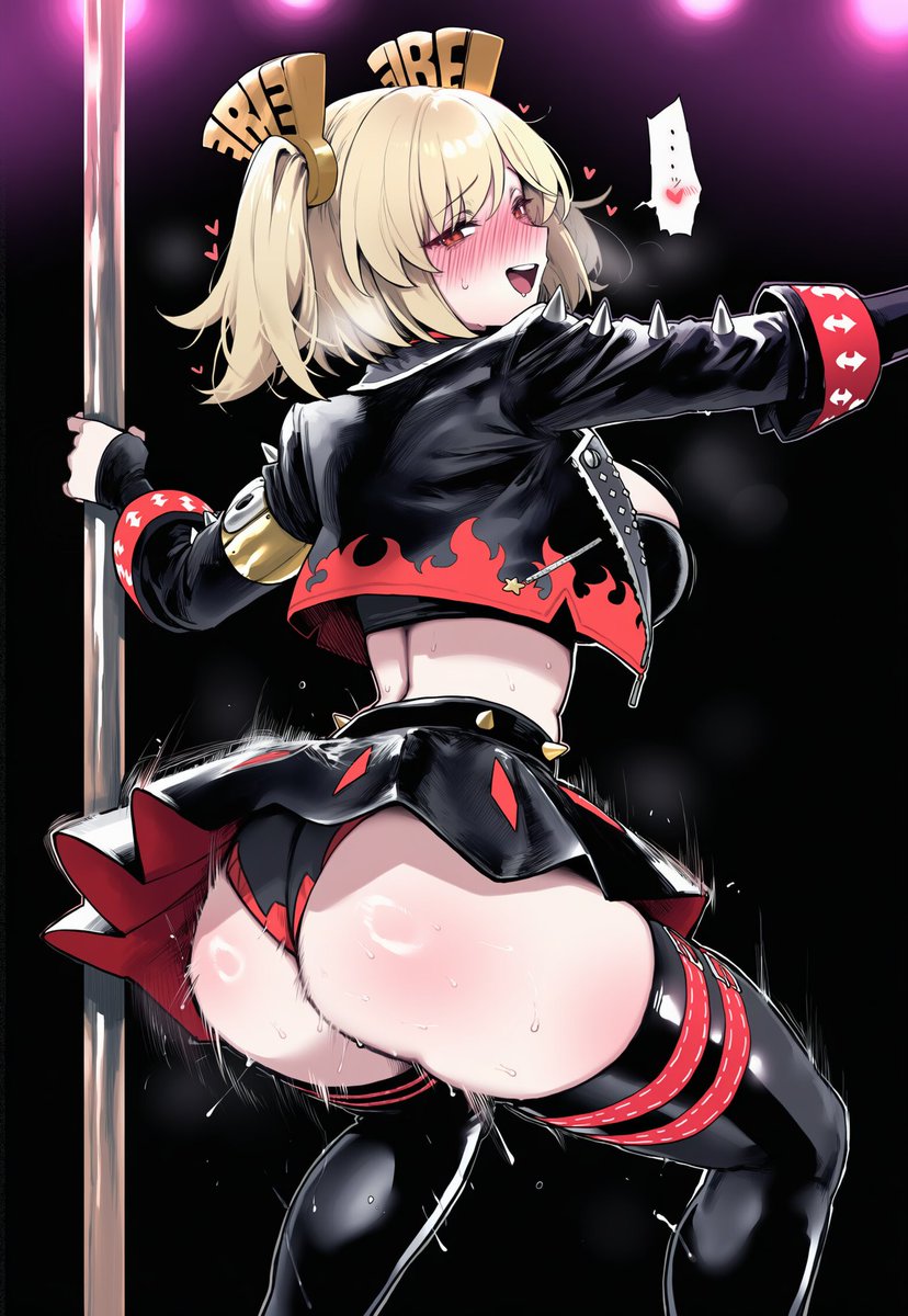 1girls, ai generated, ass, black panties, blonde hair, blush, breasts, burnice white, crown, female, mini crown, one side up, open mouth, panties, pole, red eyes, short hair, skirt, solo, thighhighs, truck kun, truck-kun art, twintails, underwear, zenless zone zero