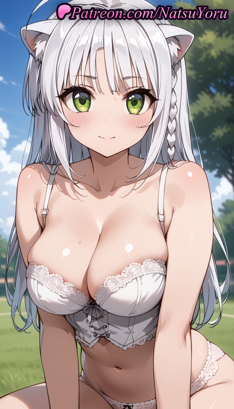 1girls ahoge ai_generated animal_ear_fluff animal_ears anime anime_style bangs bare_arms bare_shoulders blue_sky blush bow bow_panties bra braid breasts bust bustier busty cat_ears cleavage closed_mouth cloud collarbone corset day dog_days female female_focus female_only green_eyes grey_hair hentai lace_trim large_breasts leonmitchelli_galette_des_rois lingerie long_hair looking_at_viewer midriff mole natsuyoru navel outdoors panties pantsu side_braid silver_hair sitting sky smile solo solo_female stomach sweat tree underwear underwear_only voluptuous voluptuous_female white_bra white_hair white_panties