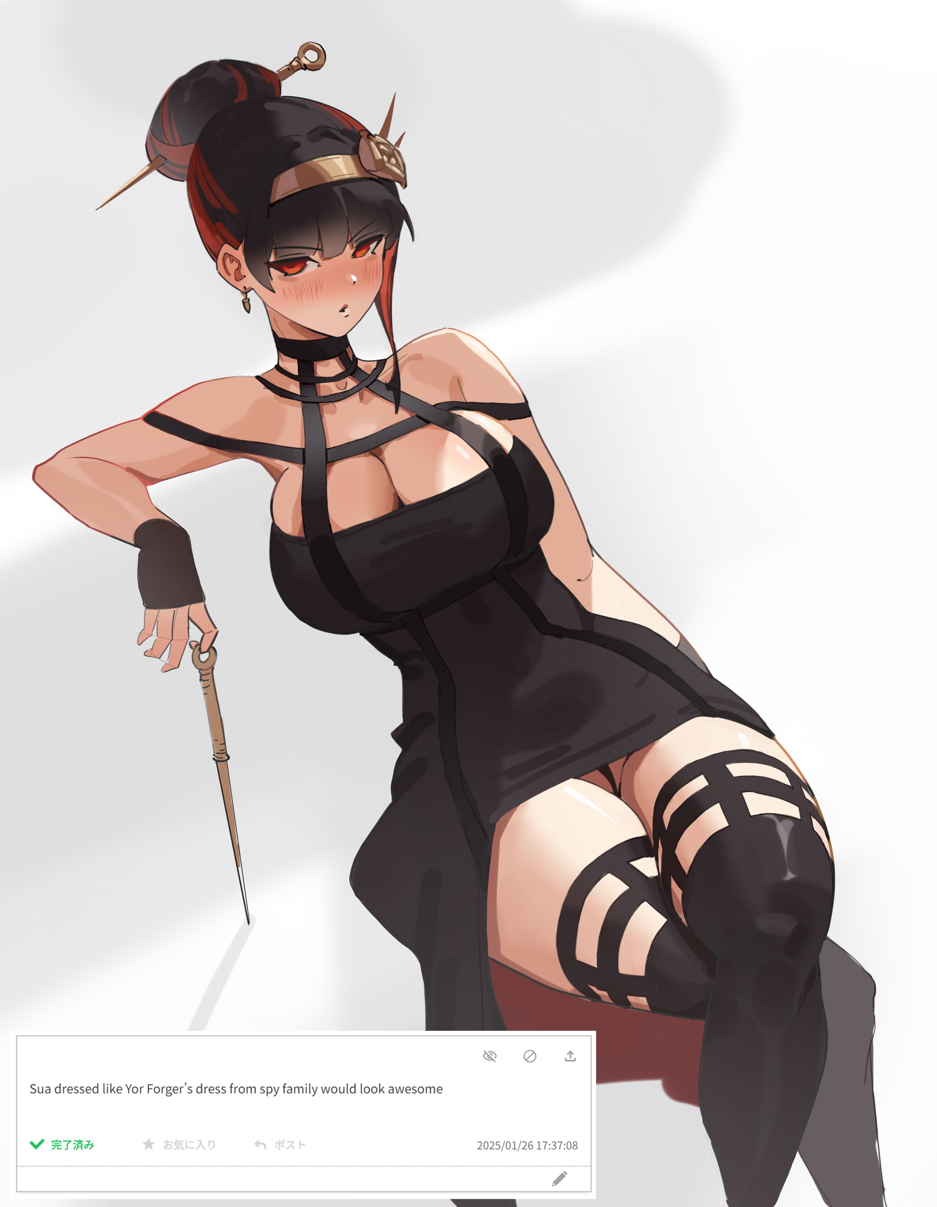 1girls, assassin, bare shoulders, big breasts, blush, breasts, cleavage, cosplay, female, female focus, female only, hair bun, hairbun, hourglass figure, human, human female, large breasts, light-skinned female, mature female, original, pale-skinned female, red eyes, request, slim waist, spy x family, stiletto (weapon), sua (suayber), suayber, thick thighs, thighhighs, thorn princess, weapon, wide hips, yor briar (cosplay), yor forger