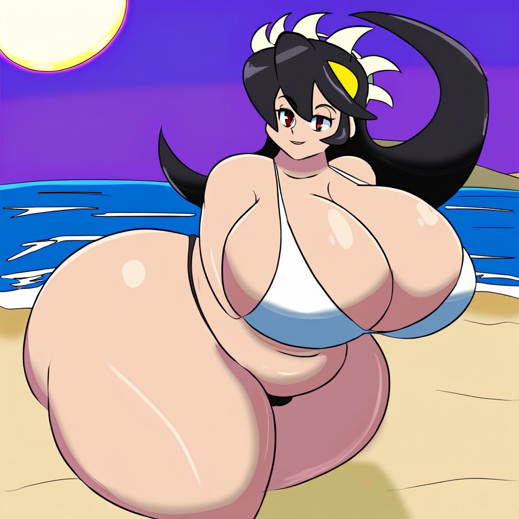 1girls ai_assisted ai_generated beach bikini black_hair chubby_female filia_(skullgirls) huge_breasts hyper_ass night samson_(skullgirls) skullgirls thick_thighs