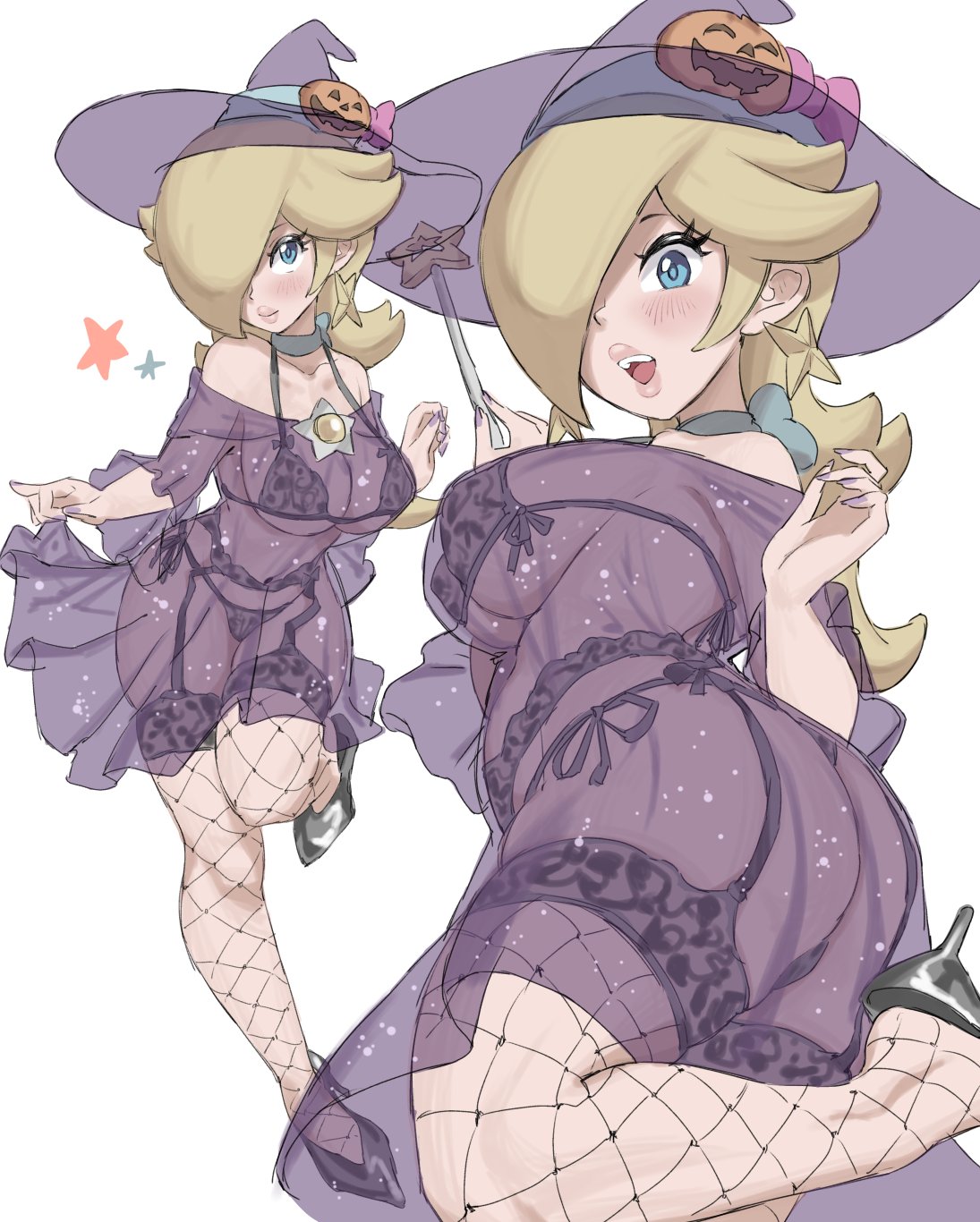 1girls, ass, blonde hair, blue eyes, blush, bottomwear, bra, bra visible through clothes, close-up, dress, ear piercing, earrings, female, female only, fishnet, fishnet legwear, fishnets, footwear, garter belt, garter straps, hair, hair over one eye, halloween, halloween costume, hat, heels, high heels, holding object, legwear, lingerie, lips, long hair, mario (series), medium breasts, multiple views, nail polish, nails, nintendo, panties, panties visible through clothing, parted lips, princess rosalina, purple bra, purple dress, purple nail polish, purple nails, purple panties, see-through, see-through clothing, see-through dress, short dress, smile, solo, solo female, star, star earrings, stars, thighhighs, topwear, transparent clothing, wand, witch, witch hat, yamino ekakinin