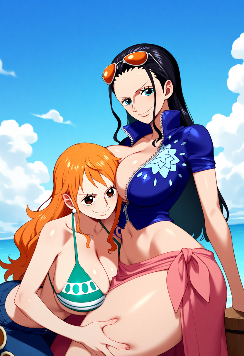 2girls ai_generated big_ass big_breasts big_butt bikini blush blushing_female blushing_profusely bubble_ass bubble_butt caressing_thigh cleavage deep_cleavage dripping duo duo_female face_between_breasts female female_only hand_on_thigh head_between_breasts head_on_breasts huge_ass huge_breasts large_breasts looking_at_viewer massive_breasts nami narrow_waist nico_robin one_piece posing posing_for_the_viewer self_upload smile smiling_at_viewer sweatdrop sweating sweaty sweaty_body sweaty_breasts sweaty_butt thick_thighs wide_hips yeetyboi5000 yuri yuri